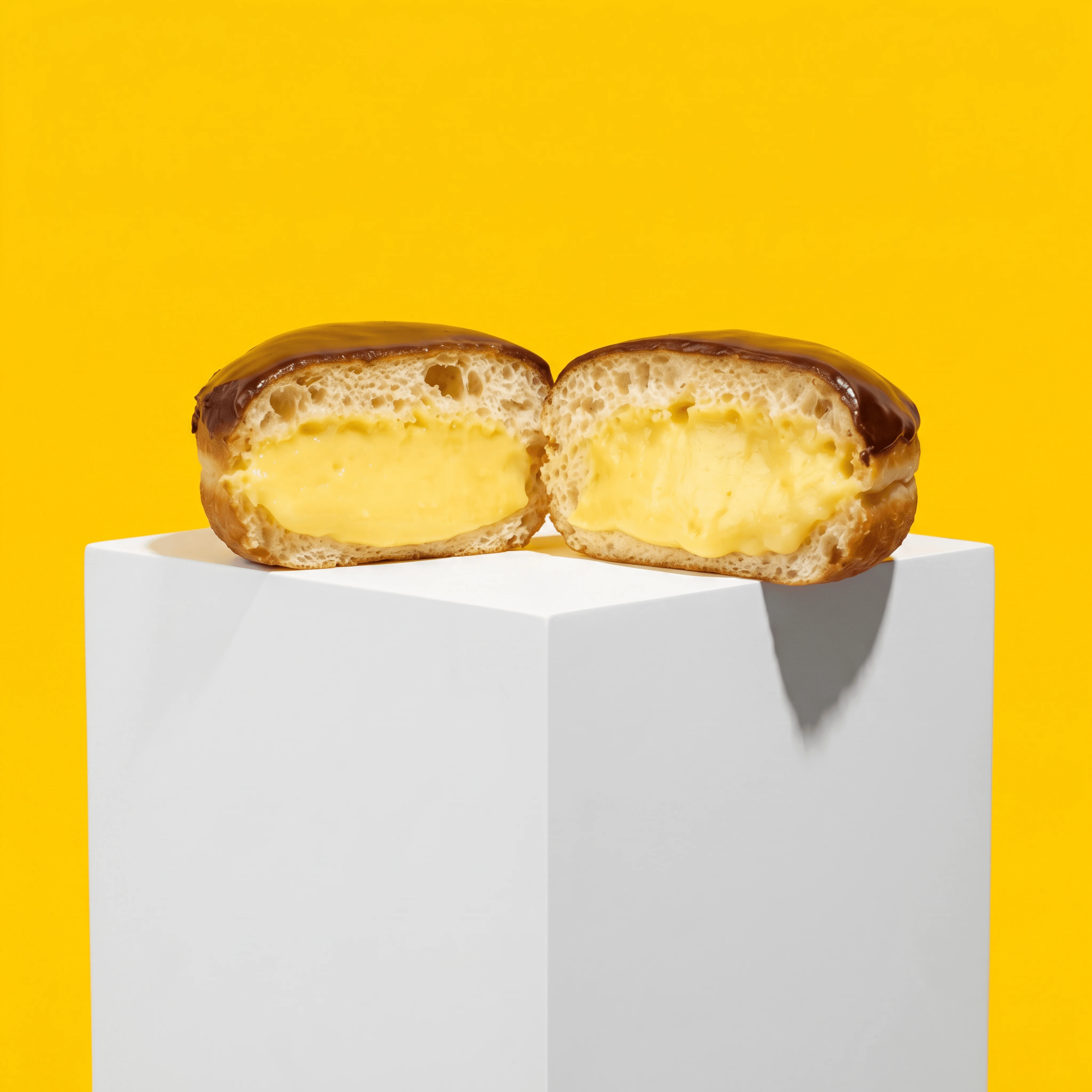 Boston cream filled donut split open custard chocolate top — filled donut hero photography