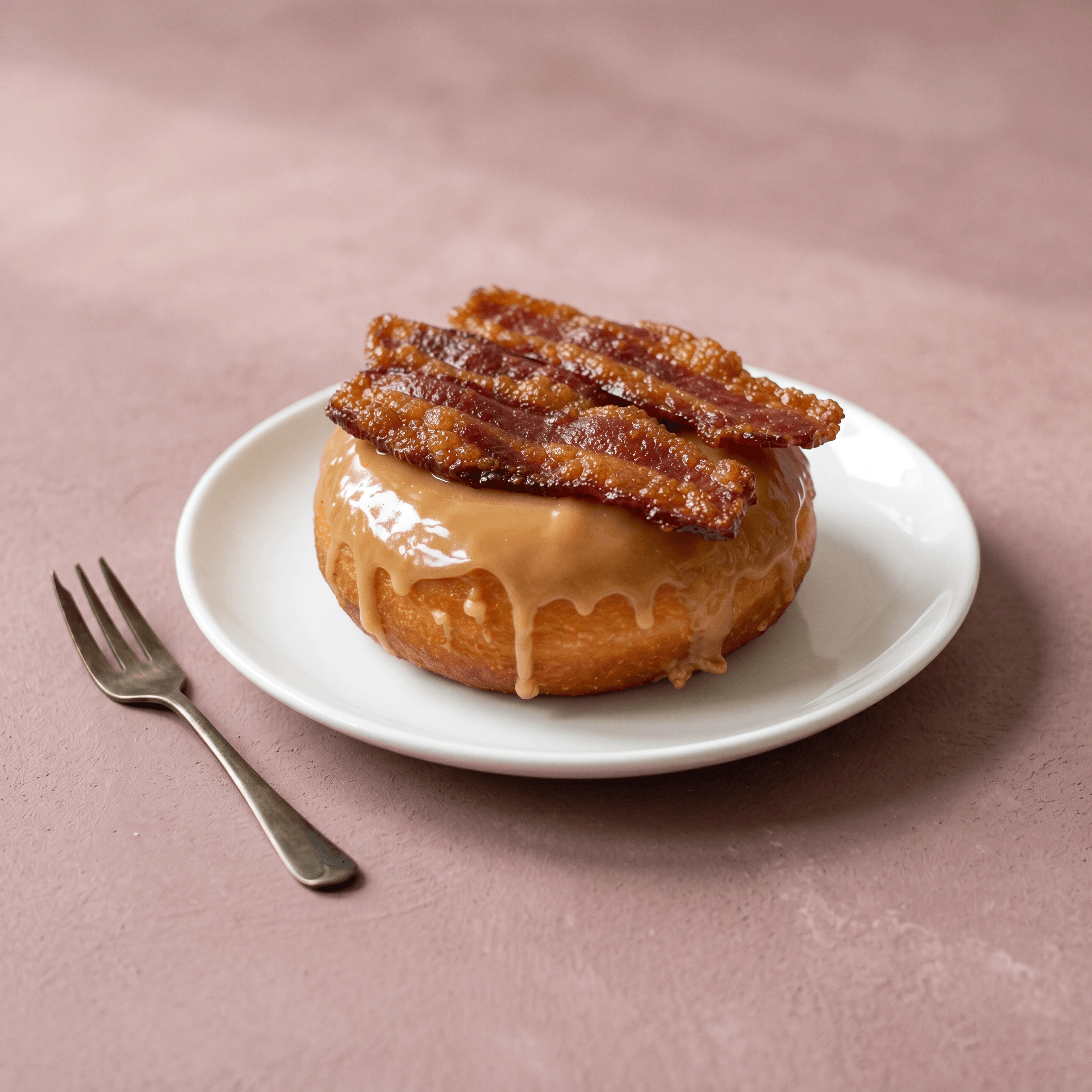 Maple bacon donut crispy candied bacon top maple glaze — gourmet specialty donut hero photography