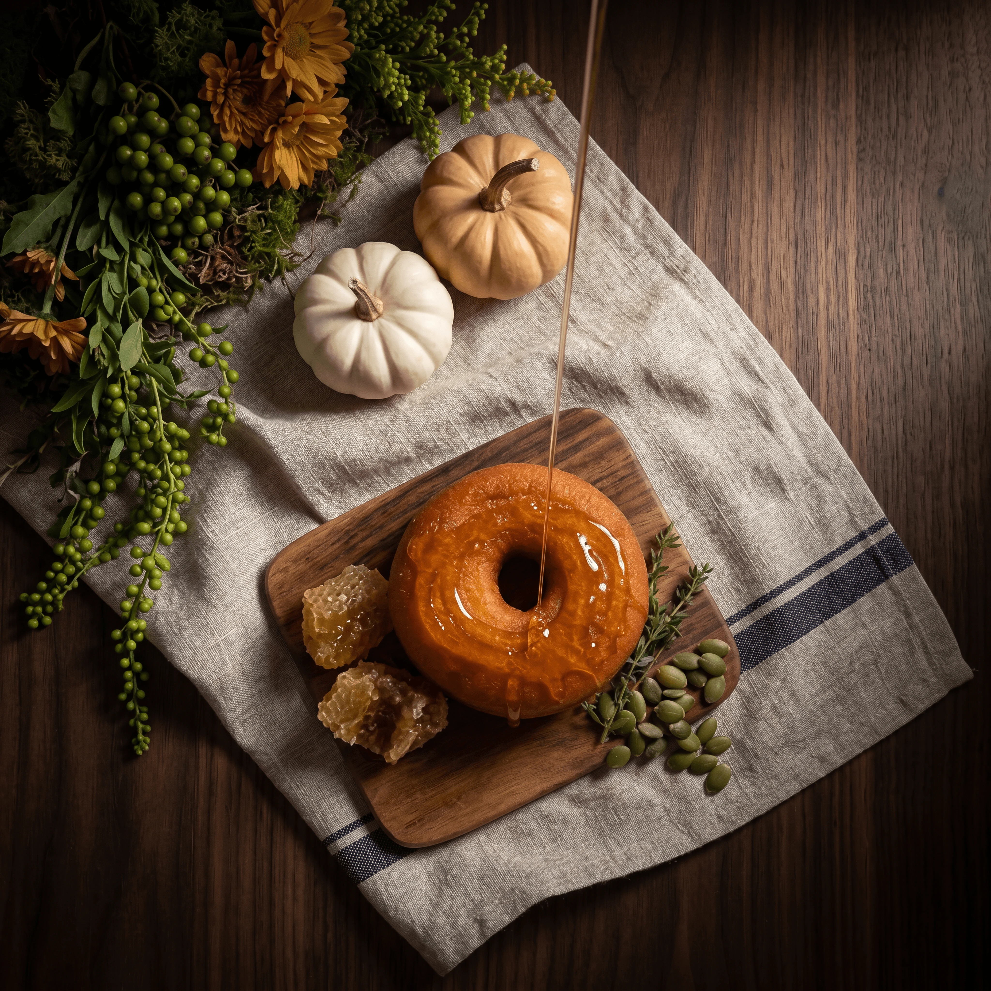 Fresh fried donut honey drizzle pour autumn — fresh fried donut hero photography