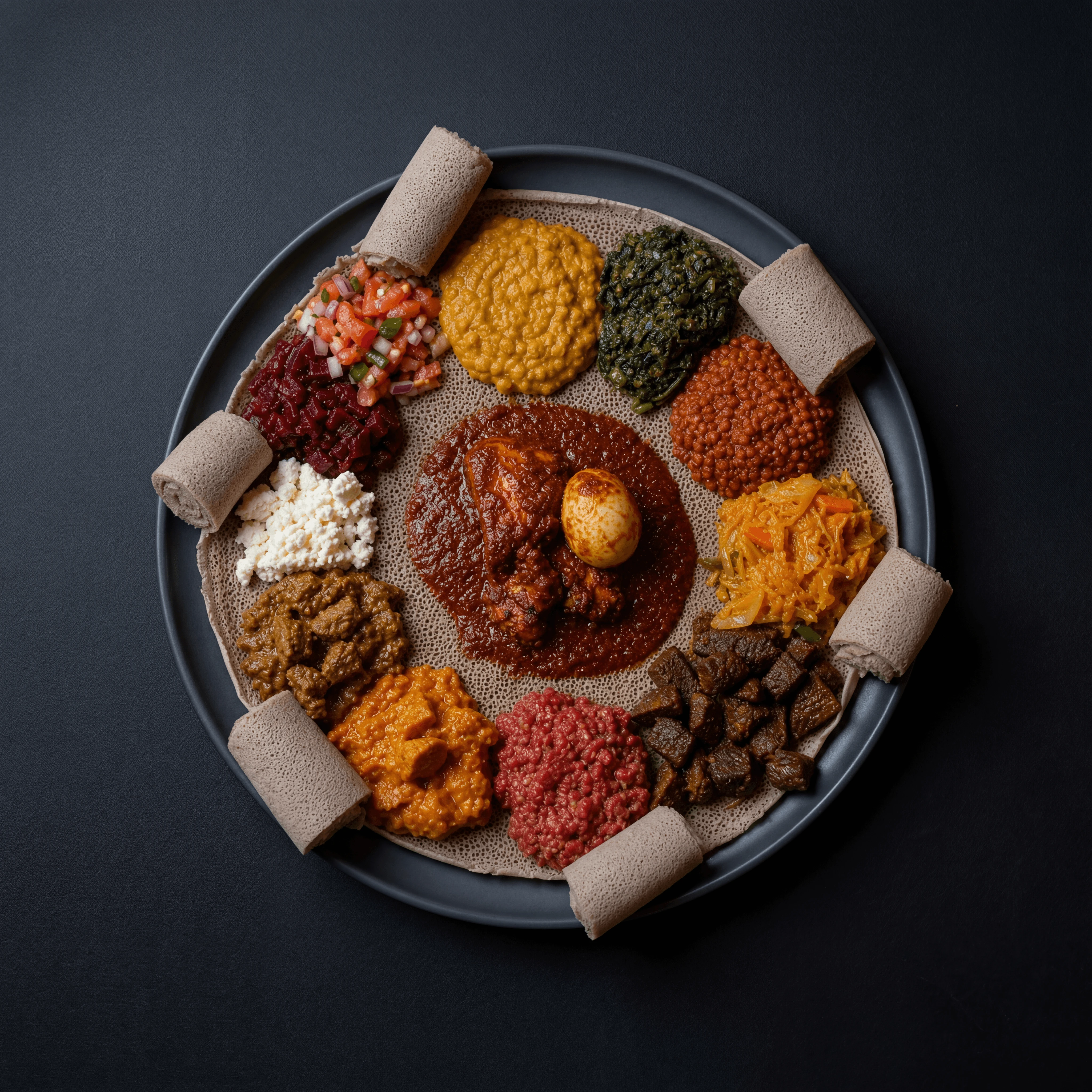 Giant Ethiopian injera platter many stews overhead dark monolith dramatic — injera platter card photography
