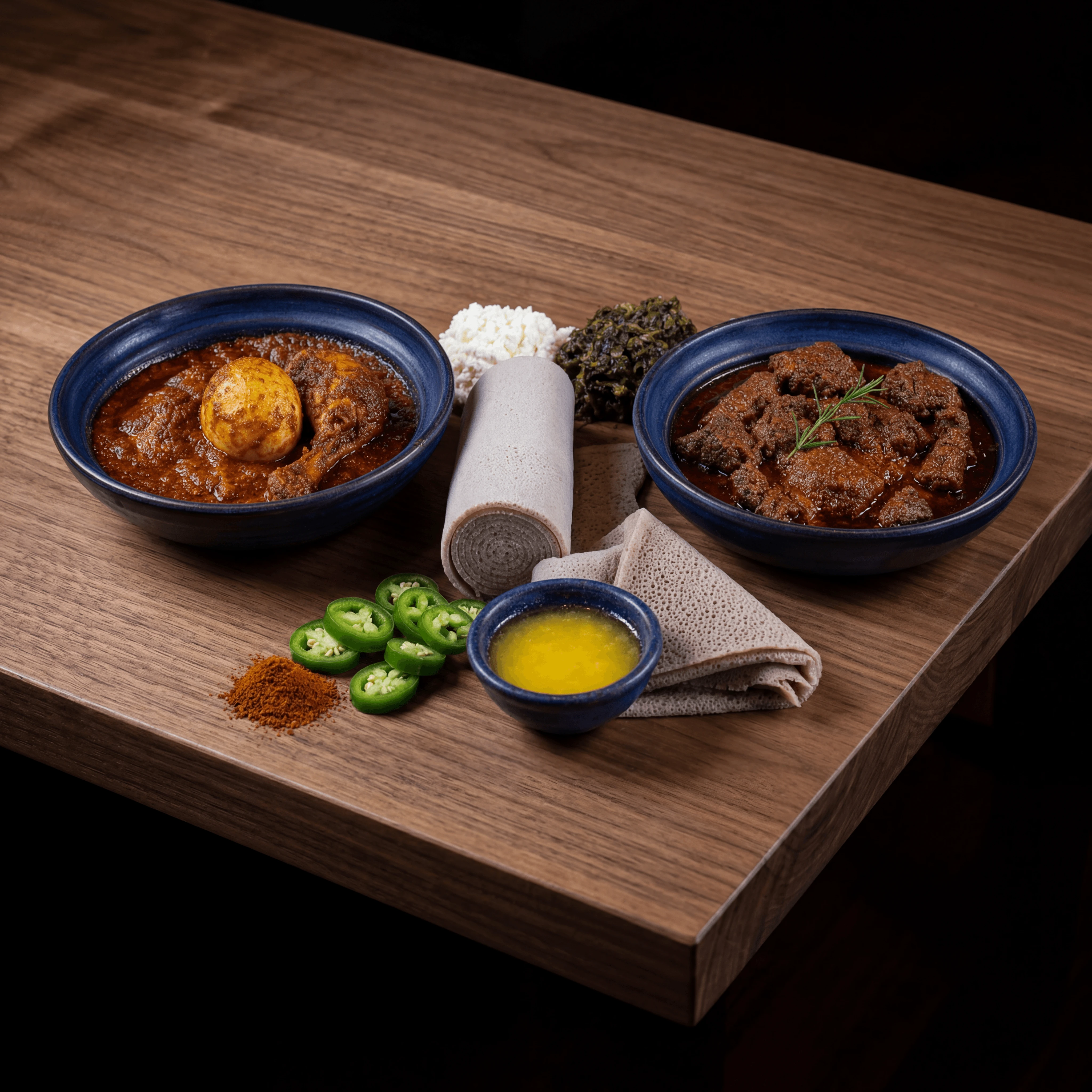 Doro wat beg wot Ethiopian stews clay bowls injera dark walnut — doro wat card photography