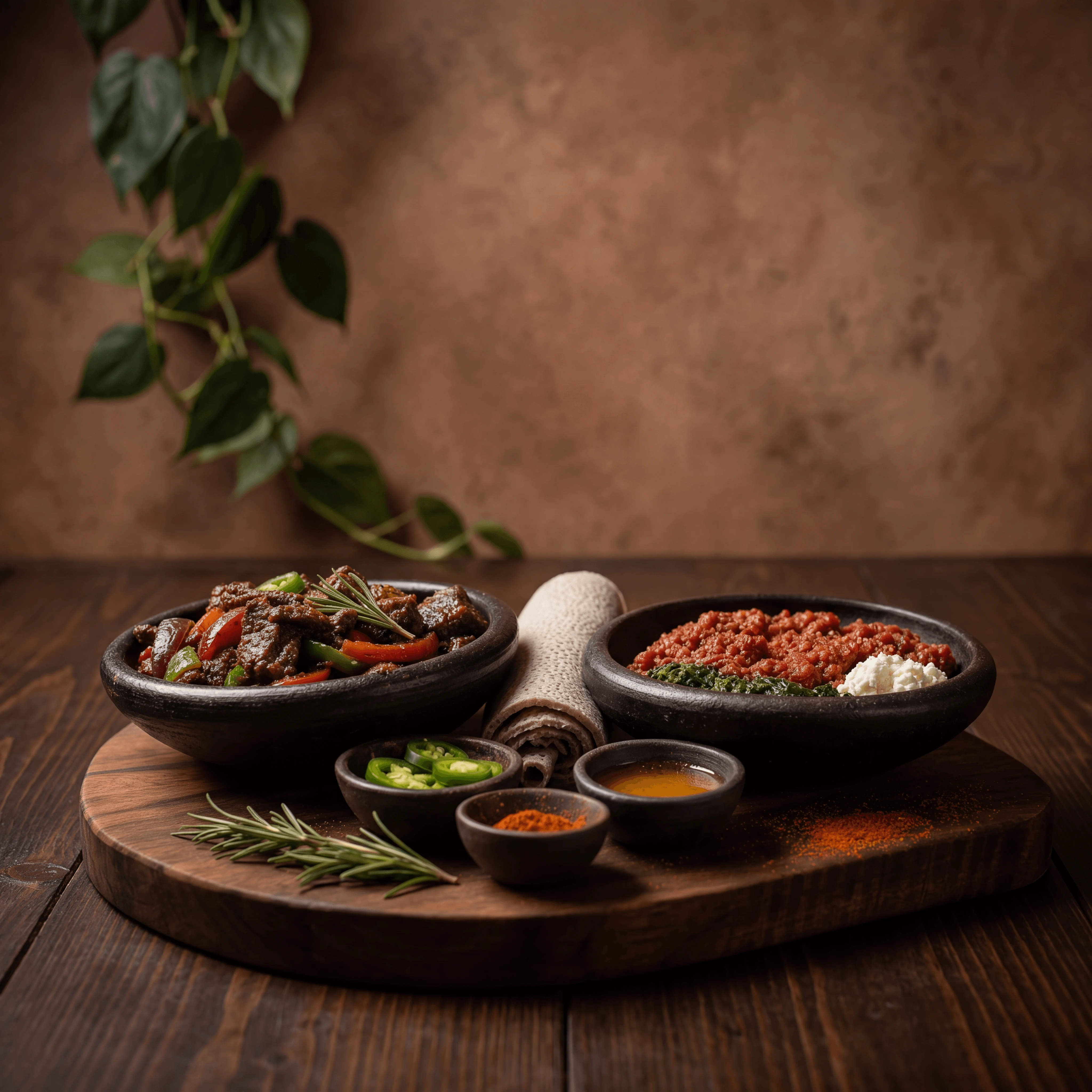 Ethiopian tibs kitfo beef dishes dramatic rustic clay sizzle mitmita — tibs kitfo card photography