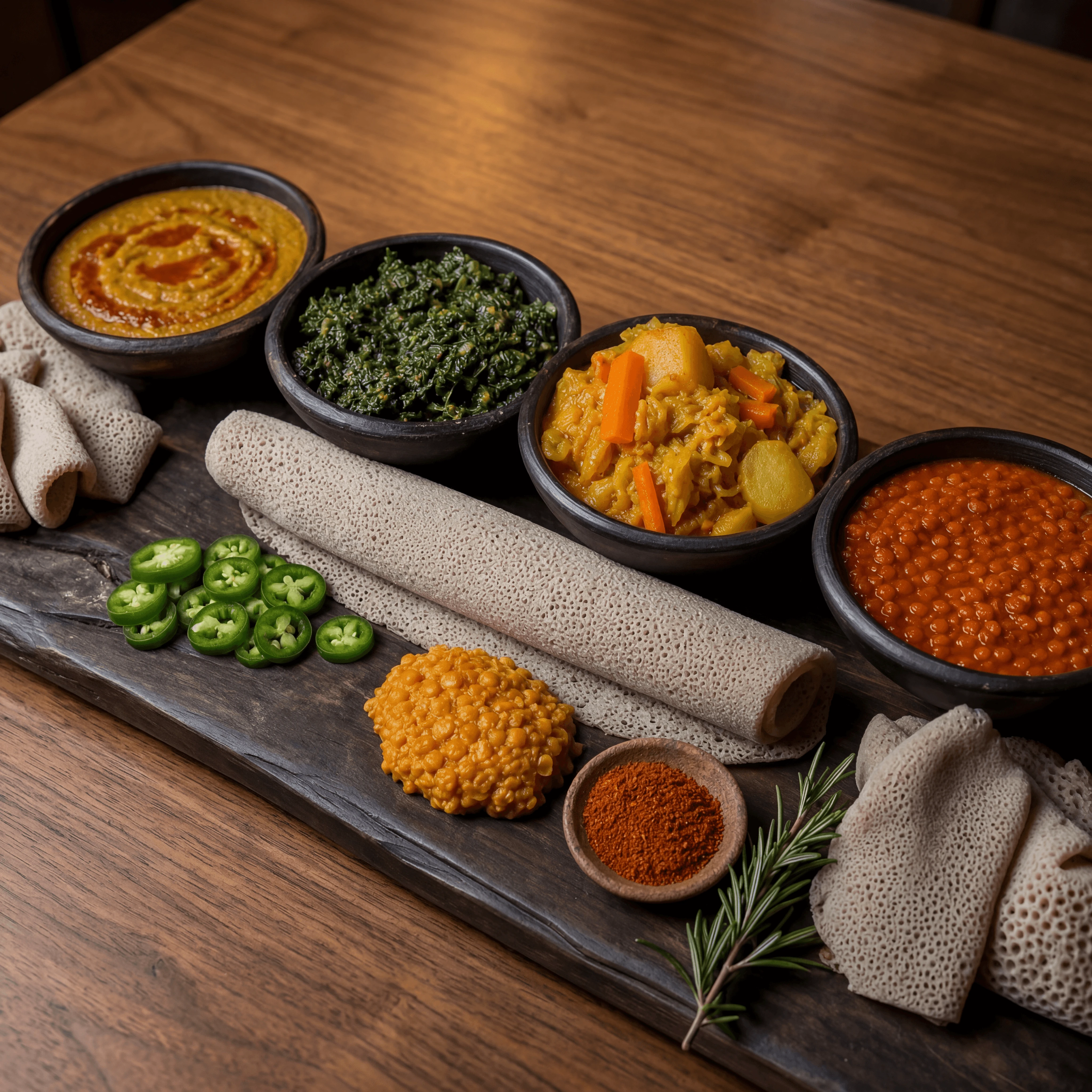 Ethiopian shiro gomen atakilt misir vegetarian wats clay bowls warm cantina — vegetarian wat card photography