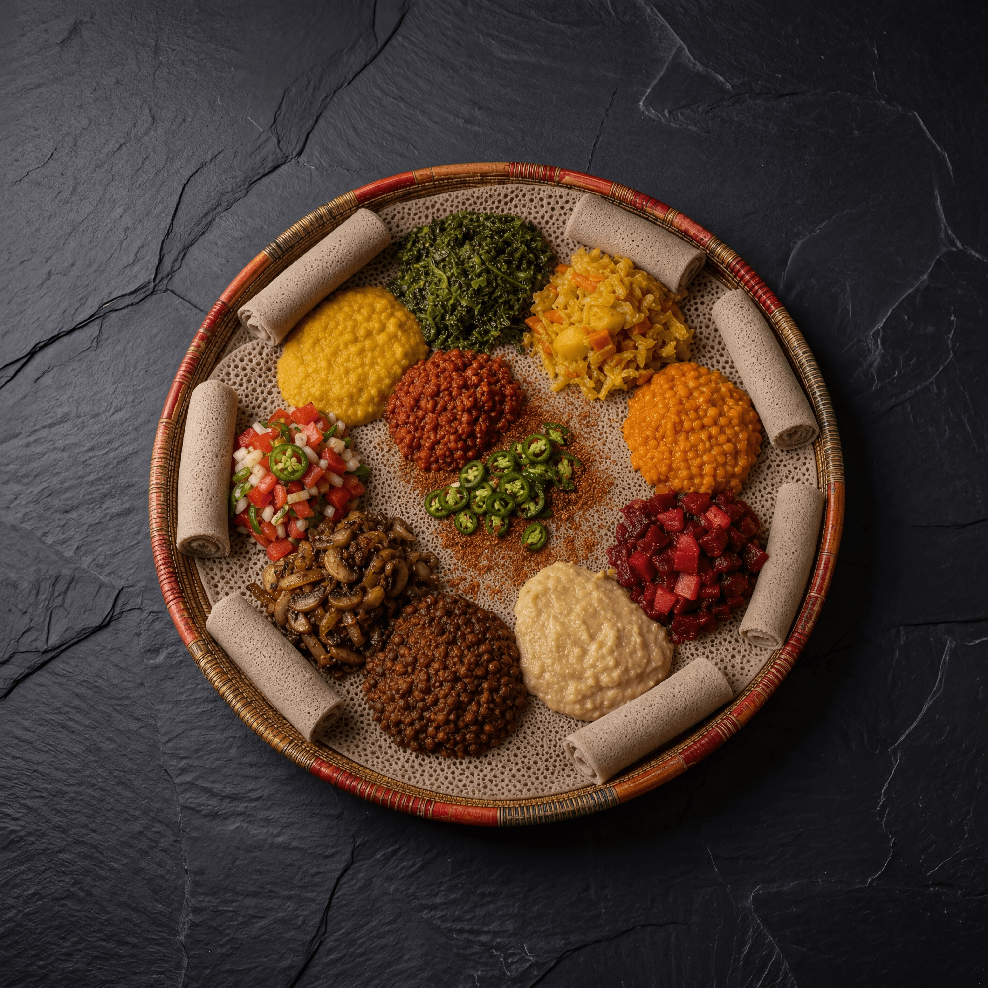 Ethiopian beyaynetu fasting platter colorful vegan stews overhead dark slate — beyaynetu card photography