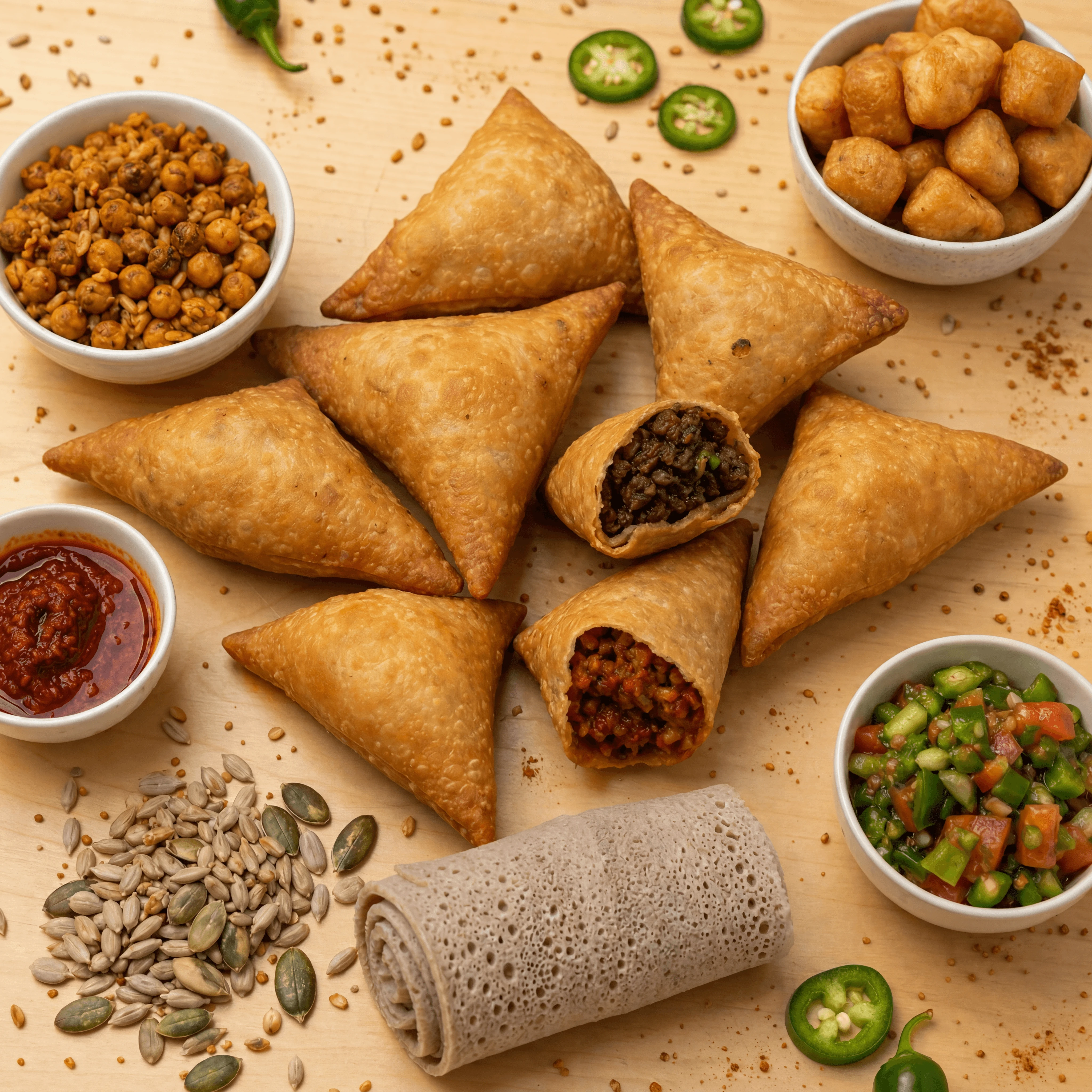 Ethiopian sambusa samosas lentil beef kolo snacks light wood top down — sambusa card photography