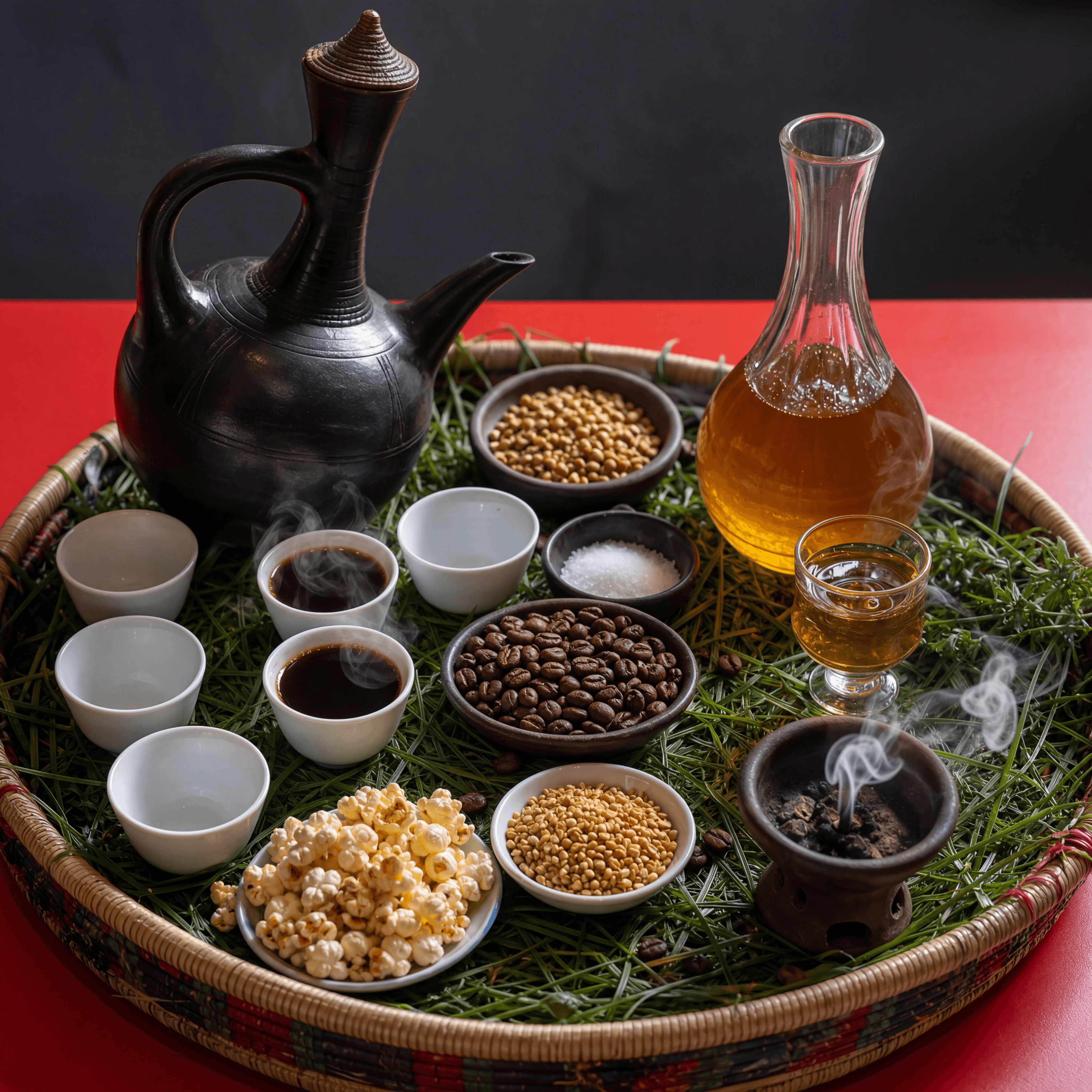 Ethiopian coffee ceremony jebena pot cups incense tej honey wine red cafe — coffee ceremony card photography