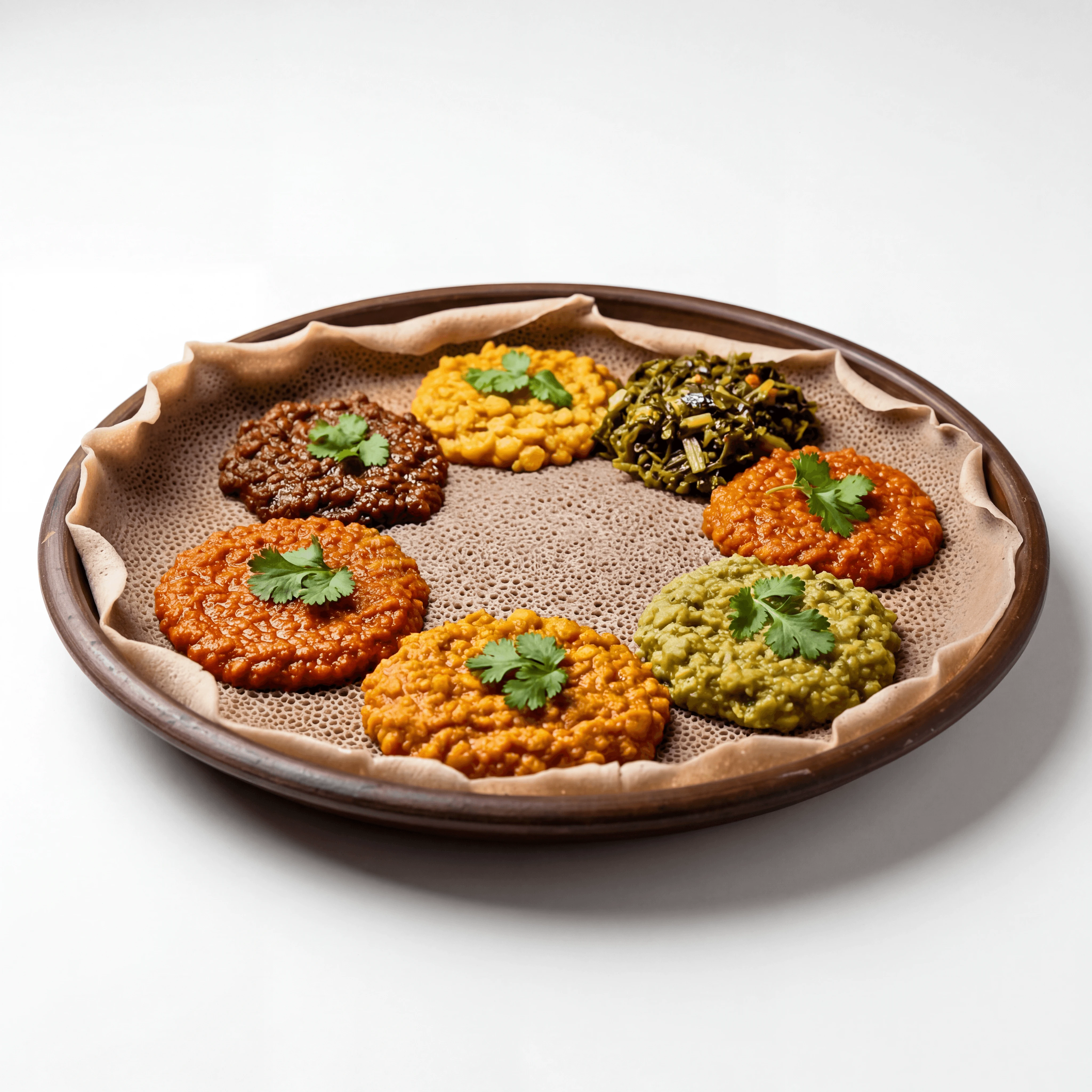 Ethiopian beyaynetu vegetarian fasting platter colorful stews injera overhead — beyaynetu hero photography