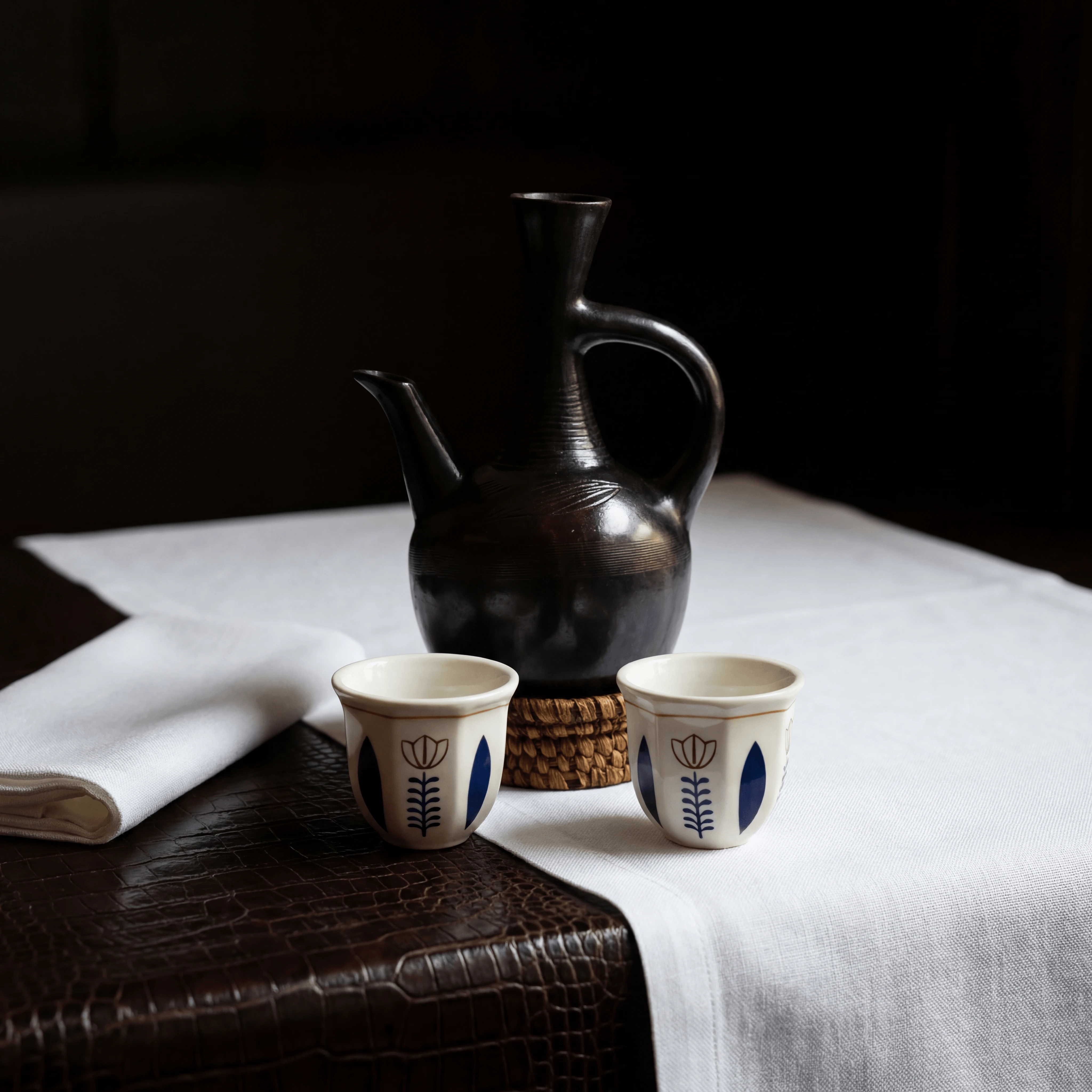 Ethiopian coffee ceremony jebena pot cups incense roasted beans — coffee ceremony hero photography