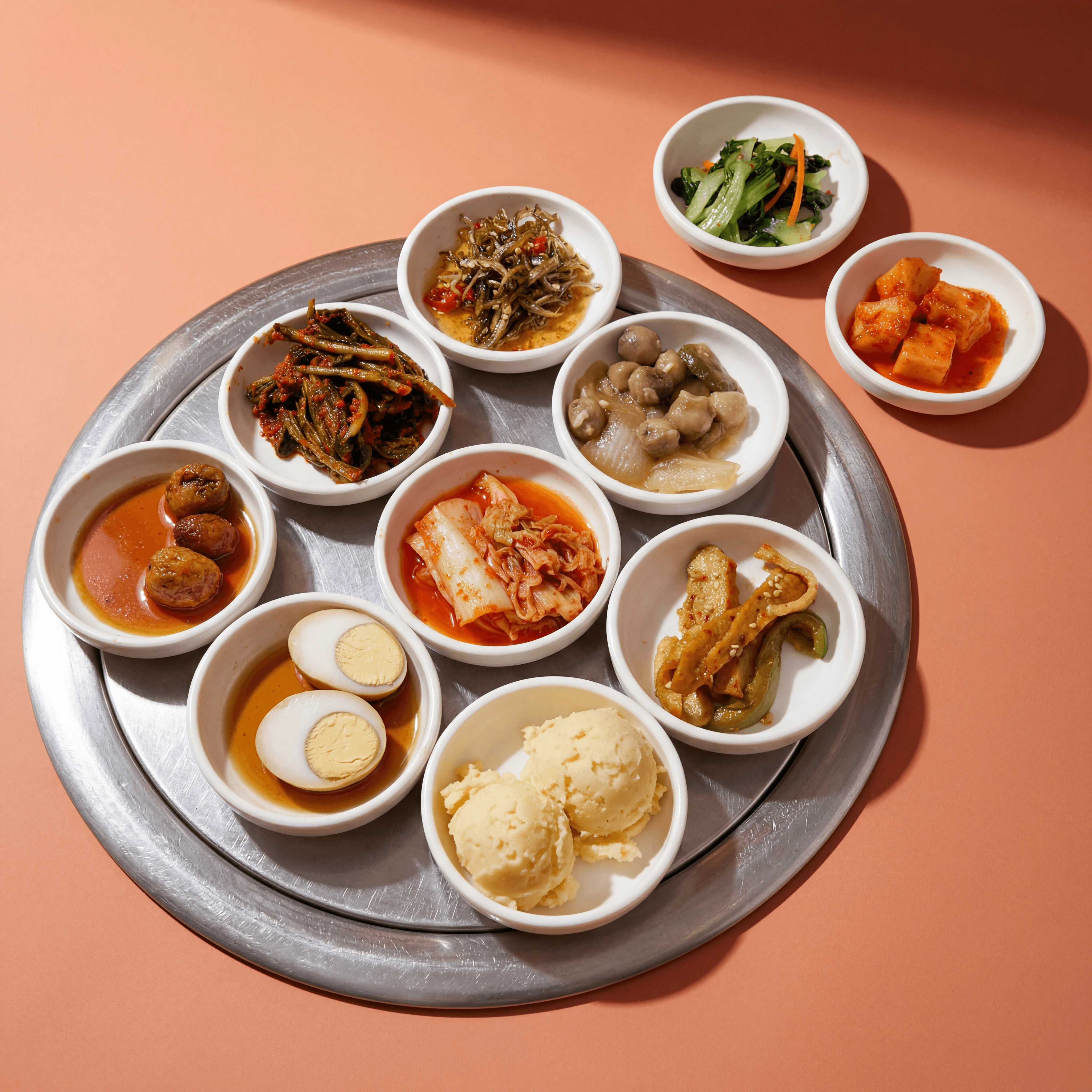 Korean bibimbap meal kit ingredient spread with fresh vegetables — meal kit recipe card photography