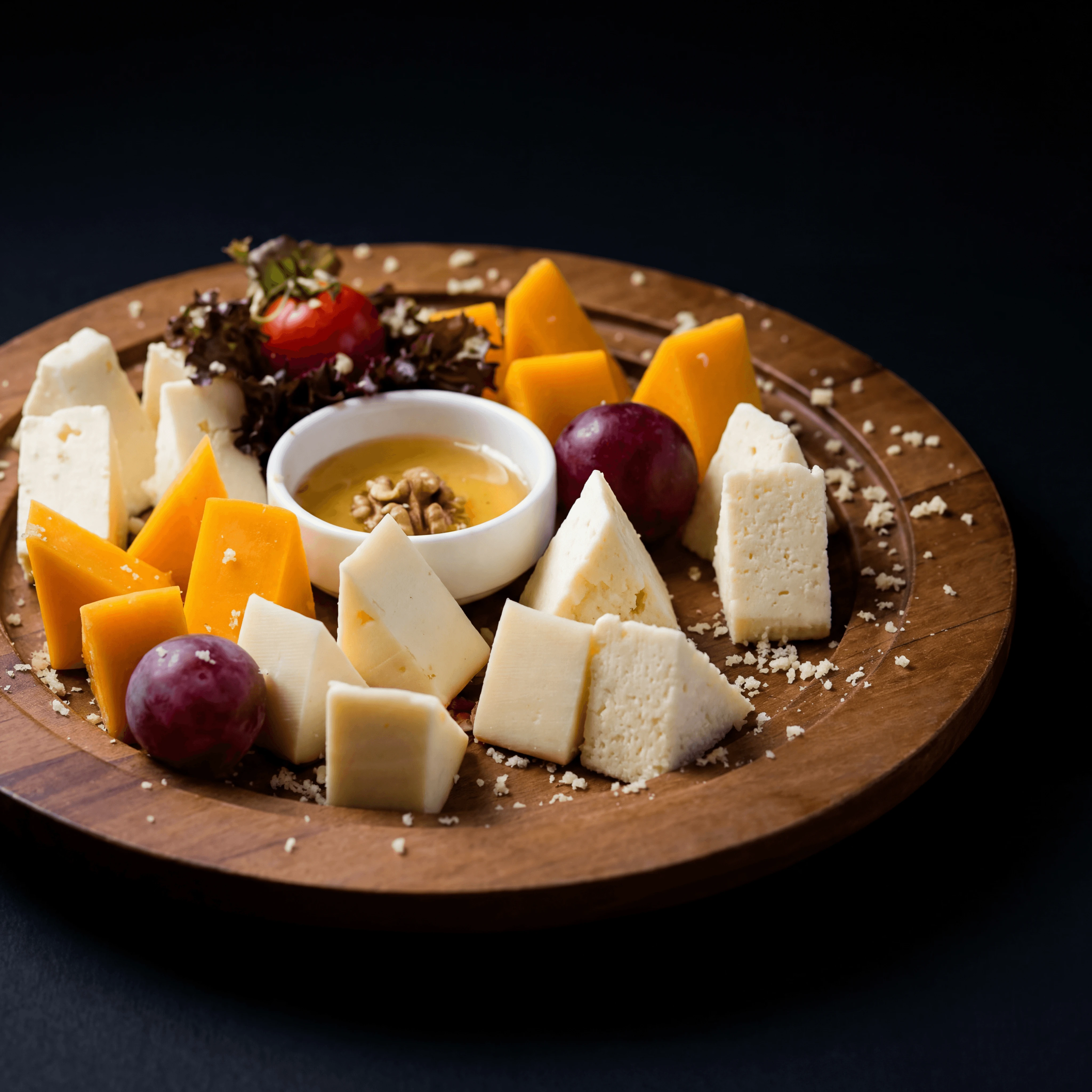 Aged Comté cheese wheel with honeycomb and walnuts — artisan cheese brand campaign photography
