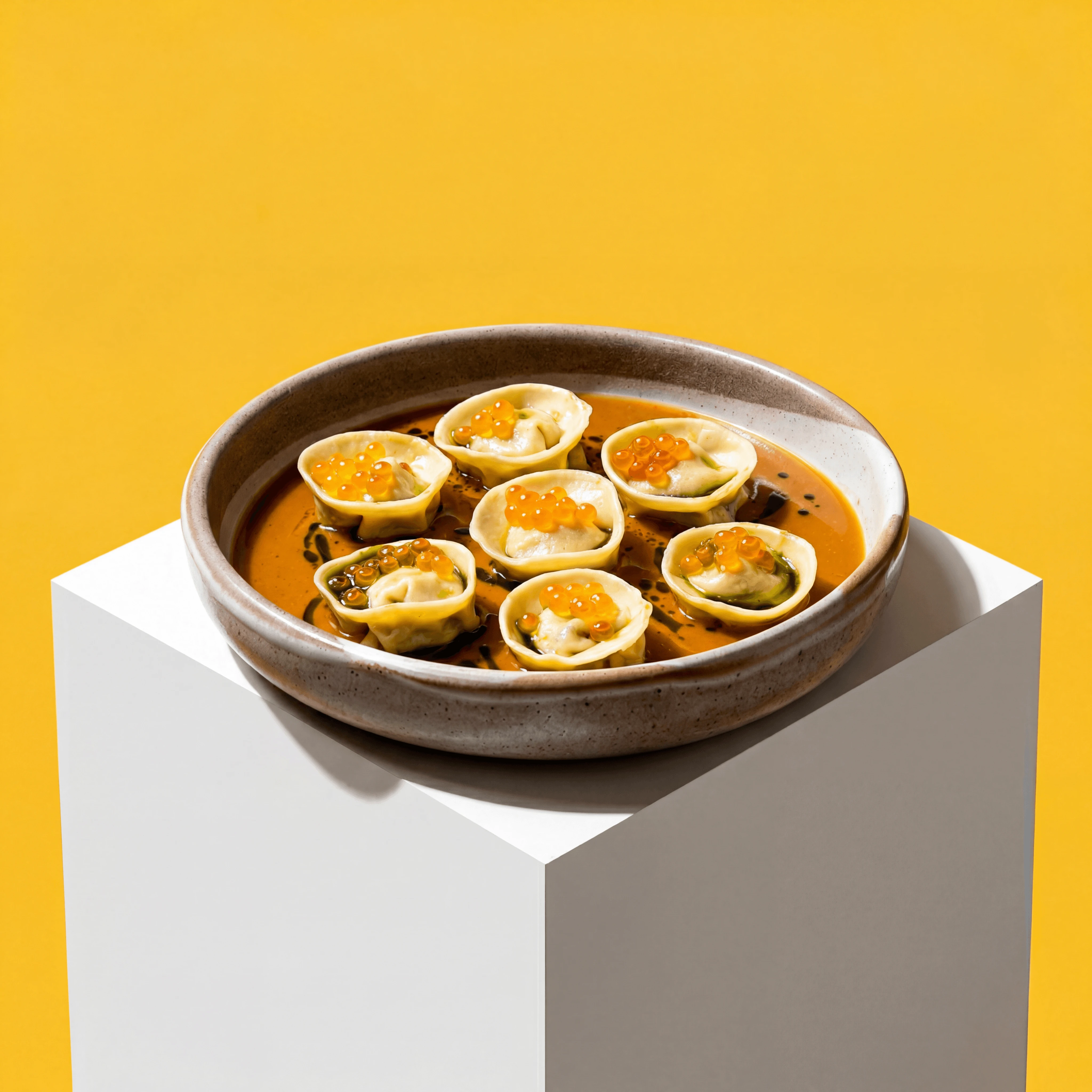 Sichuan chili crisp oil drizzled over steamed dumplings — bold condiment brand ad creative