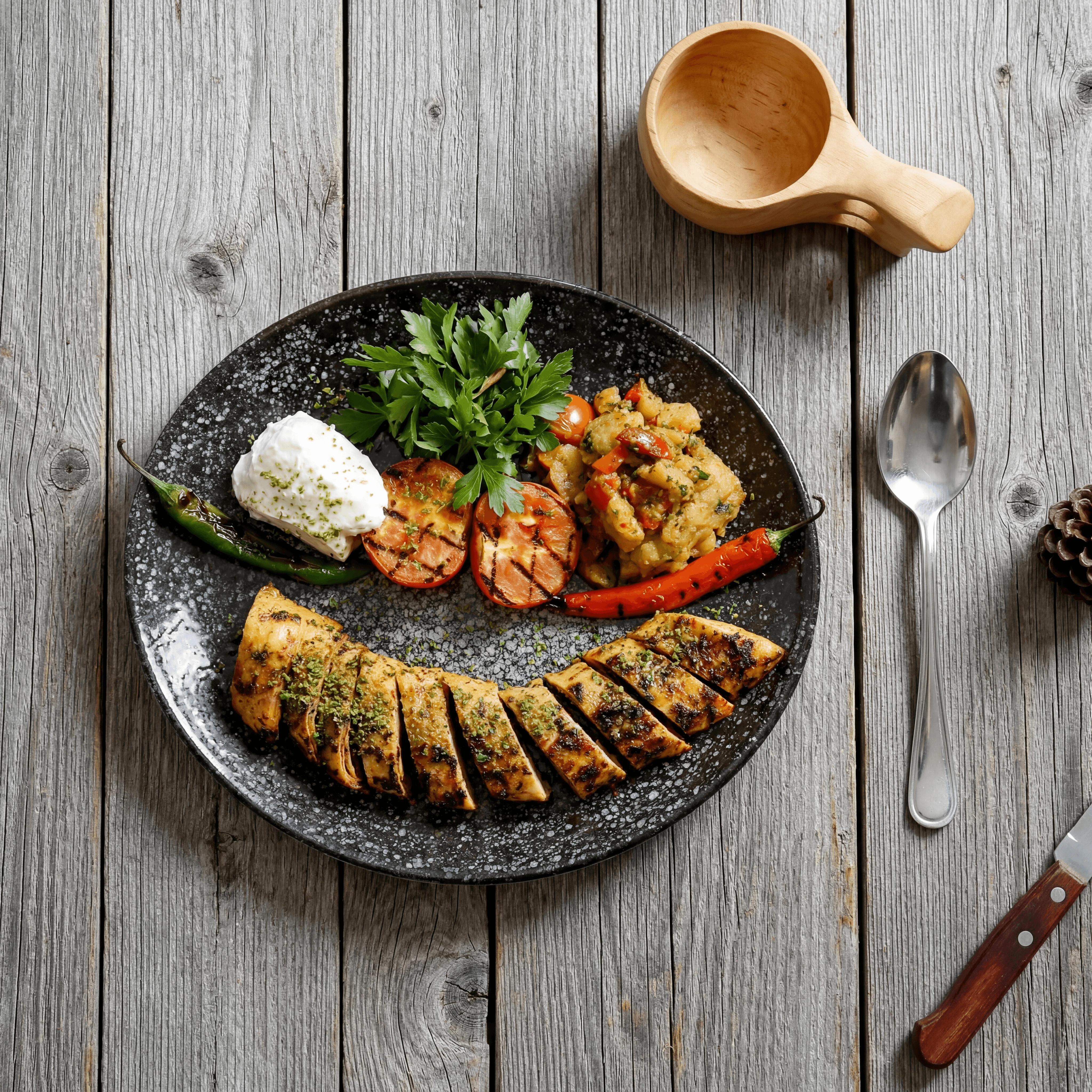 Roast red grouse with game chips and watercress — British seasonal game menu photography