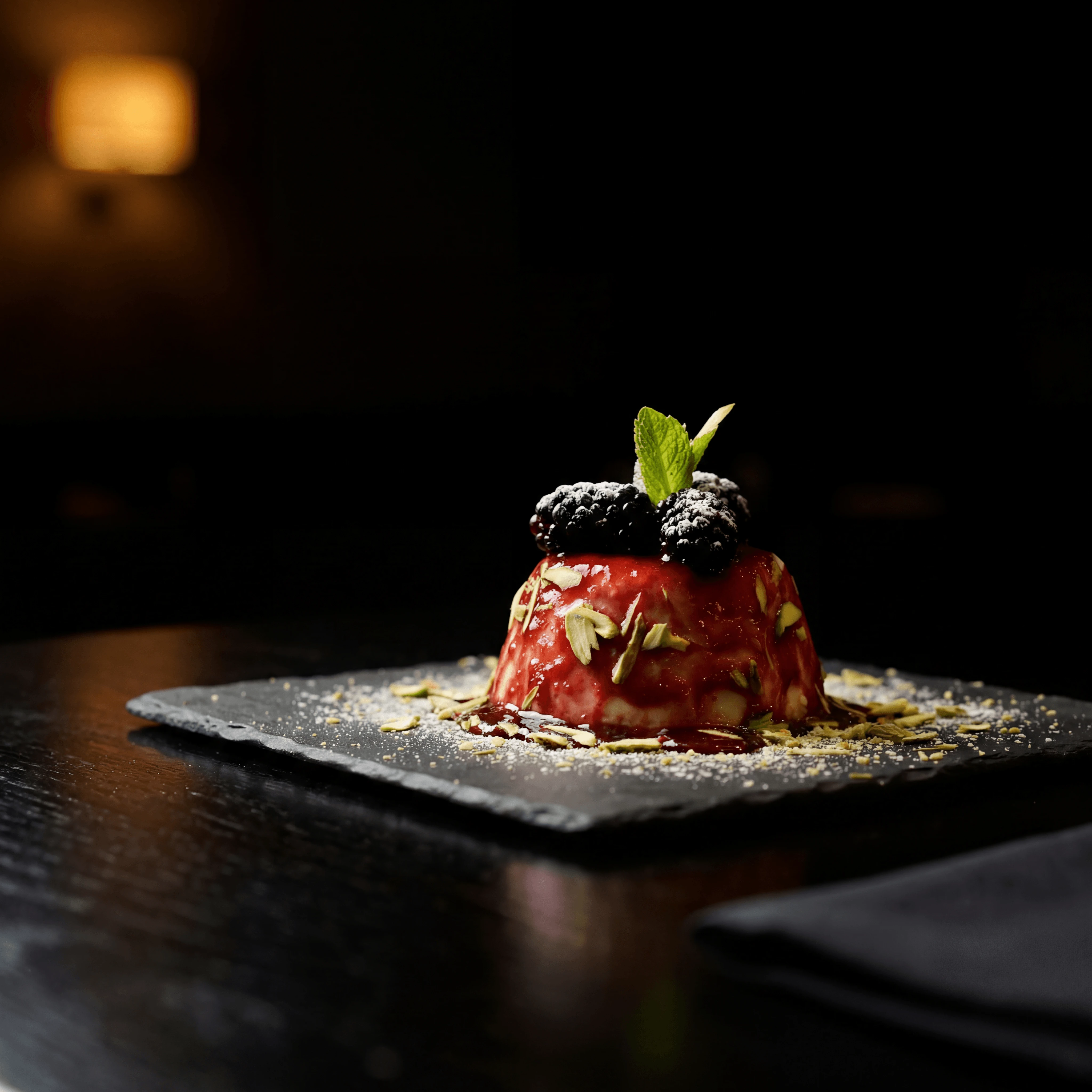 Jalebi caviar with pistachio rabri and saffron foam — modern Indian molecular dessert photography