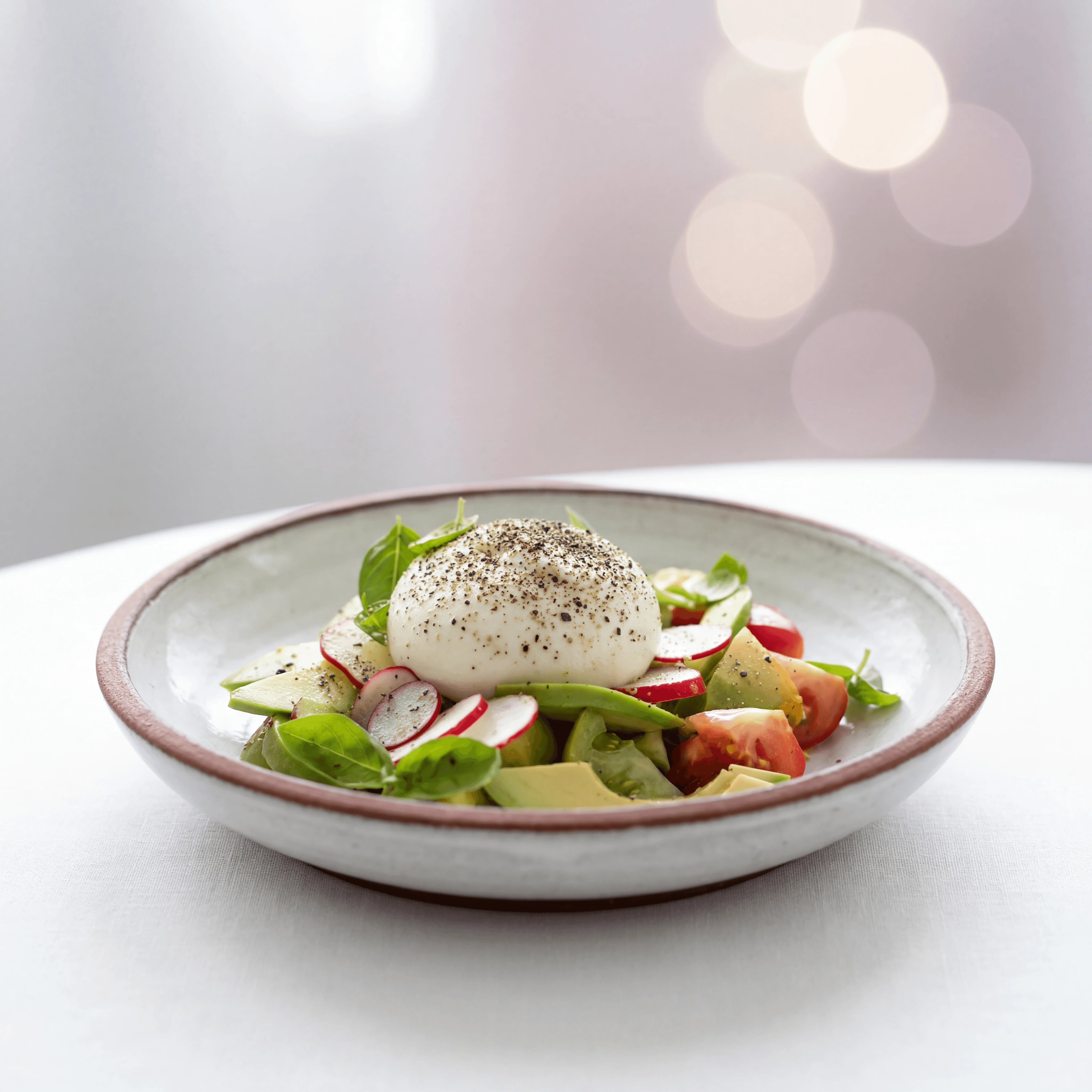 Grilled peach and burrata salad with prosciutto crisps and basil — sponsored food content photography