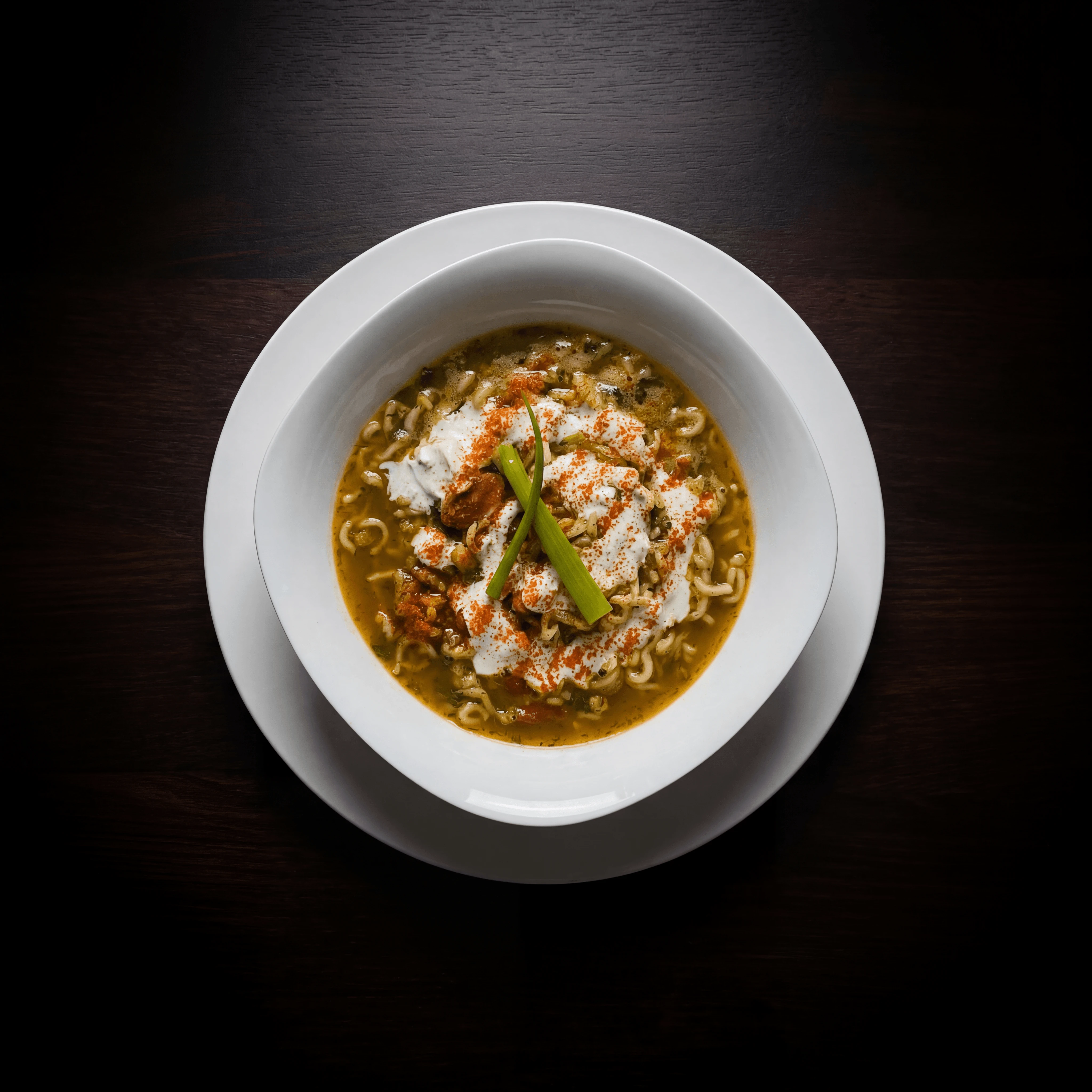 Golden khao soi curry noodle soup with crispy noodle crown — Northern Thai food photography