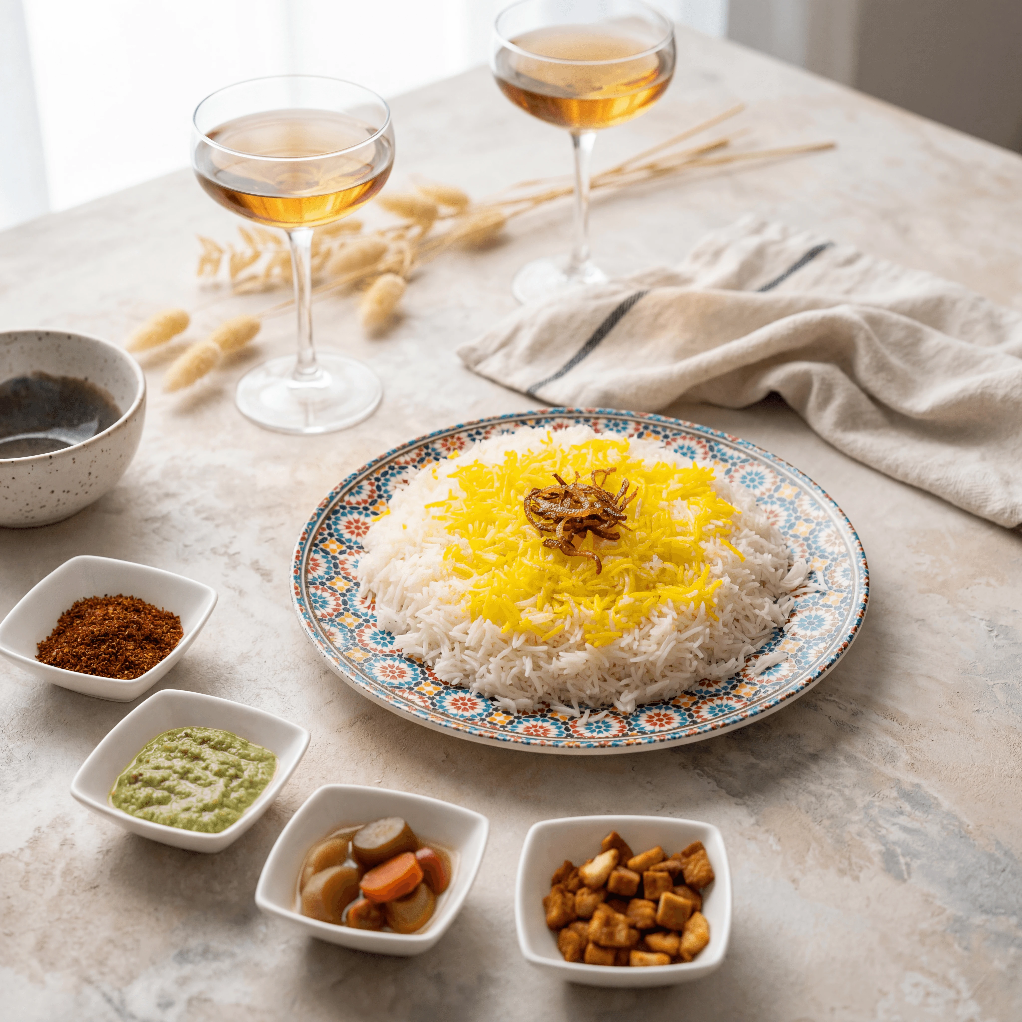 Persian saffron tahdig crispy rice with jeweled barberry and pistachio toppings — Middle Eastern cuisine photography