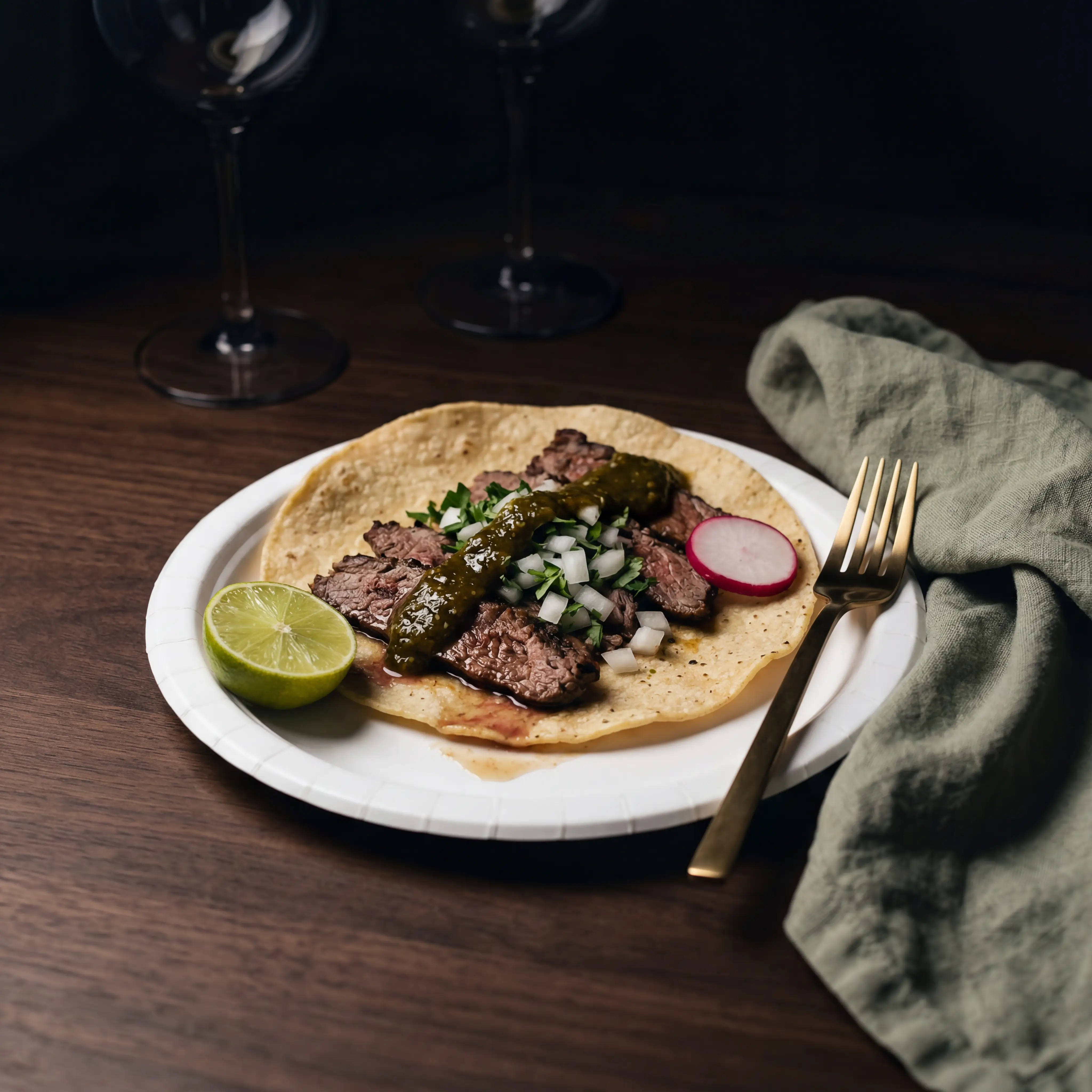 Bistec taco with salsa verde on handmade tortilla from El Califa de Leon in Mexico City