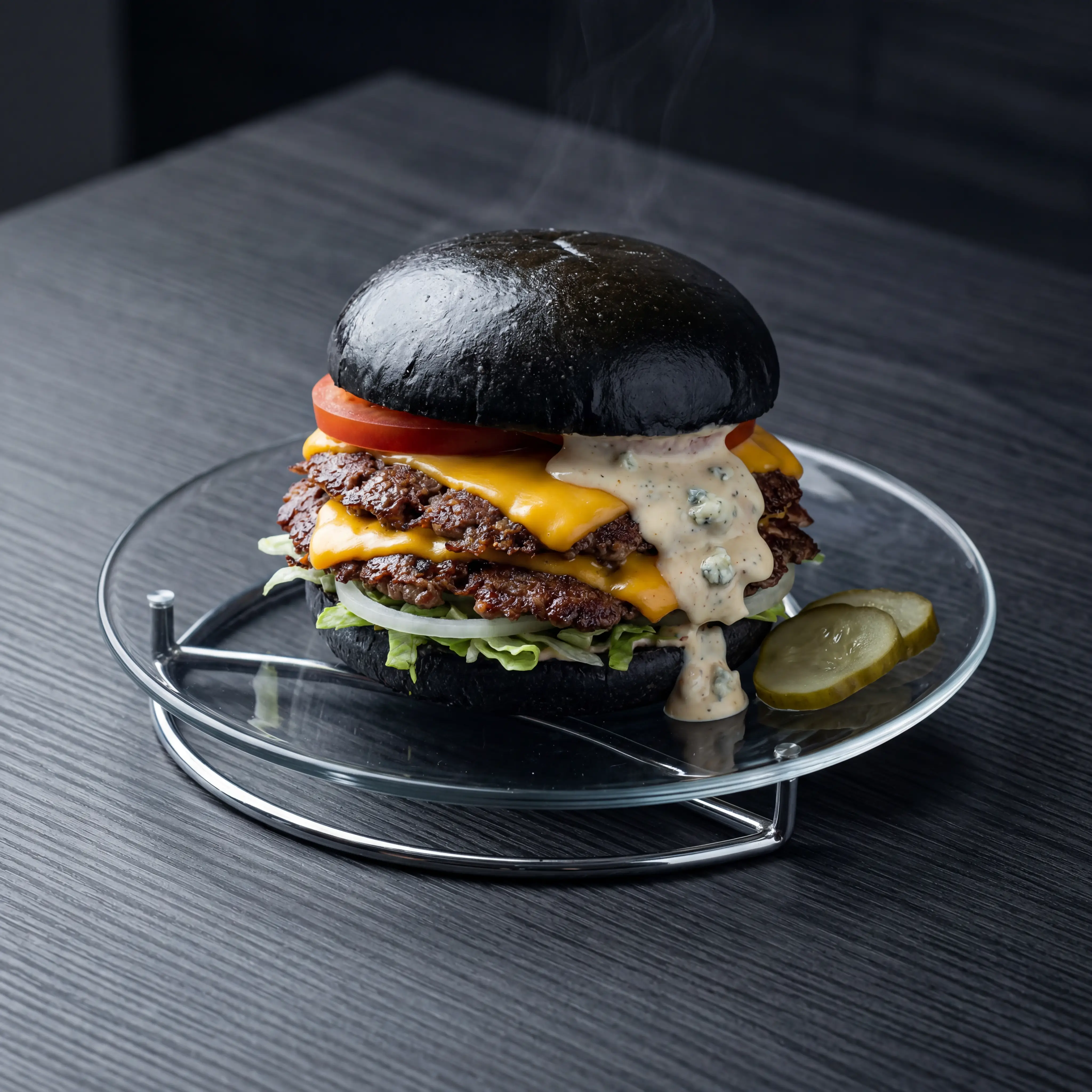 Double smash burger on black charcoal bun with blue cheese sauce from Daniel Thaiger Bangkok