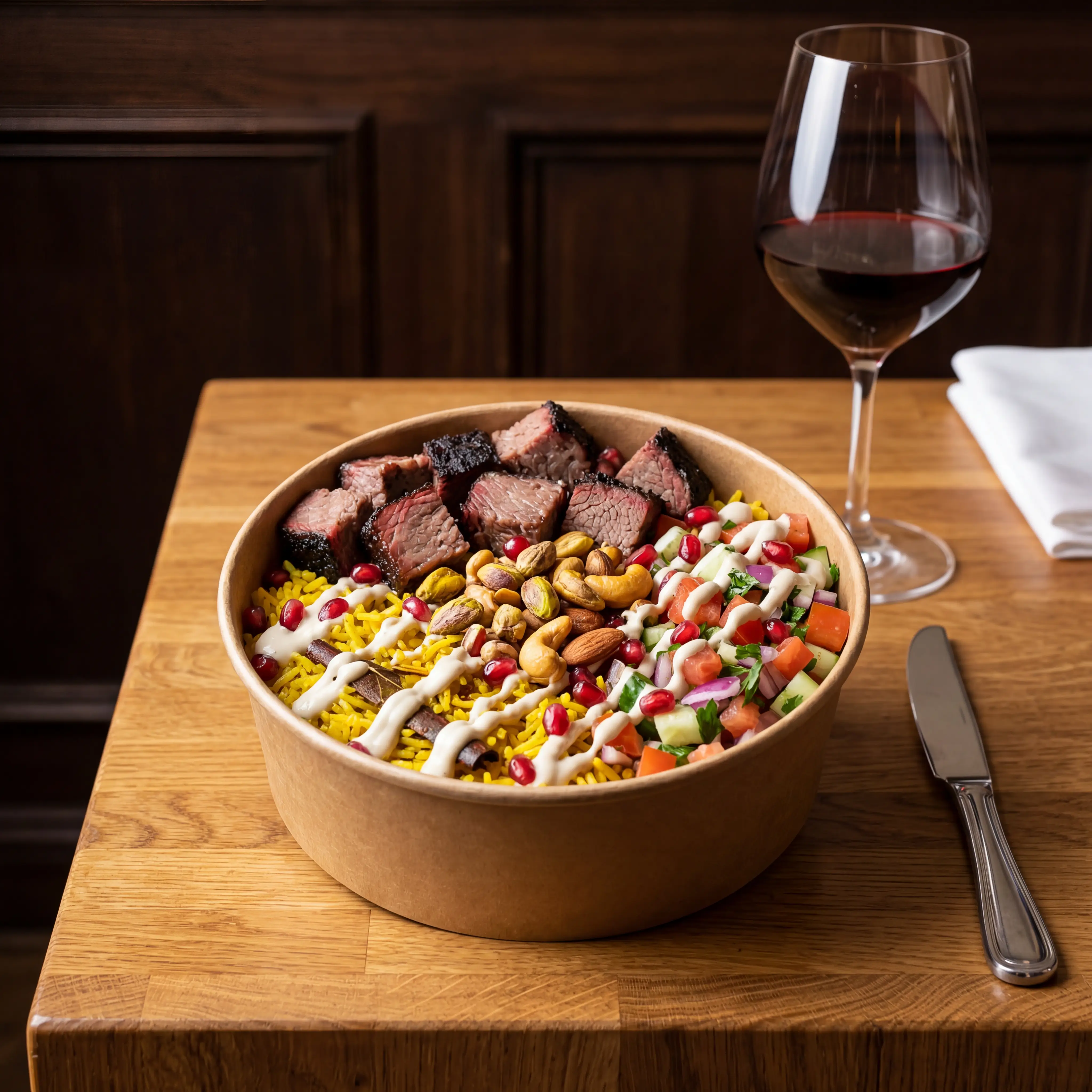 Mediterranean brisket rice bowl with tahini pomegranate seeds and candied nuts from KG BBQ