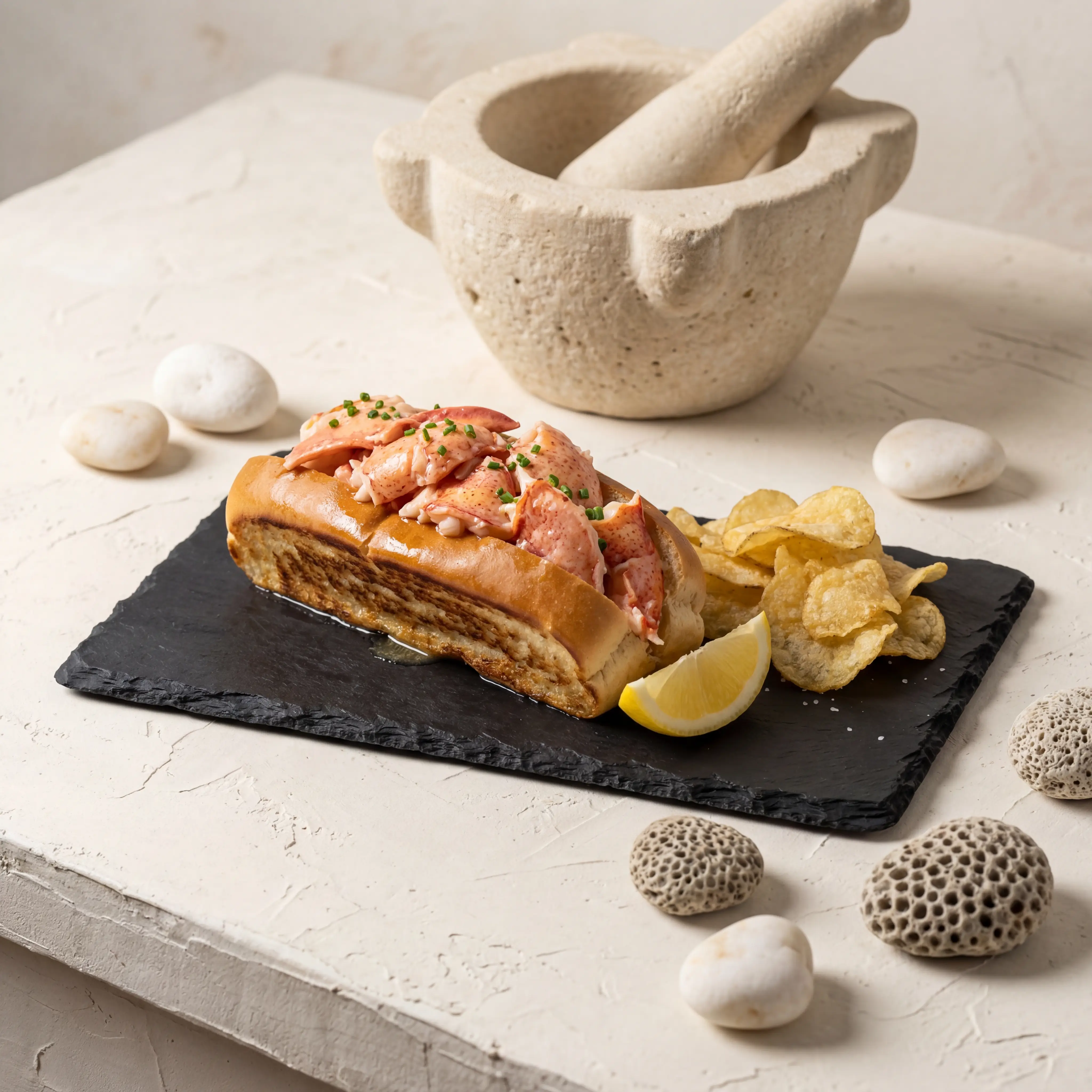 Maine lobster roll with butter on toasted split-top bun from Cousins Maine Lobster food truck