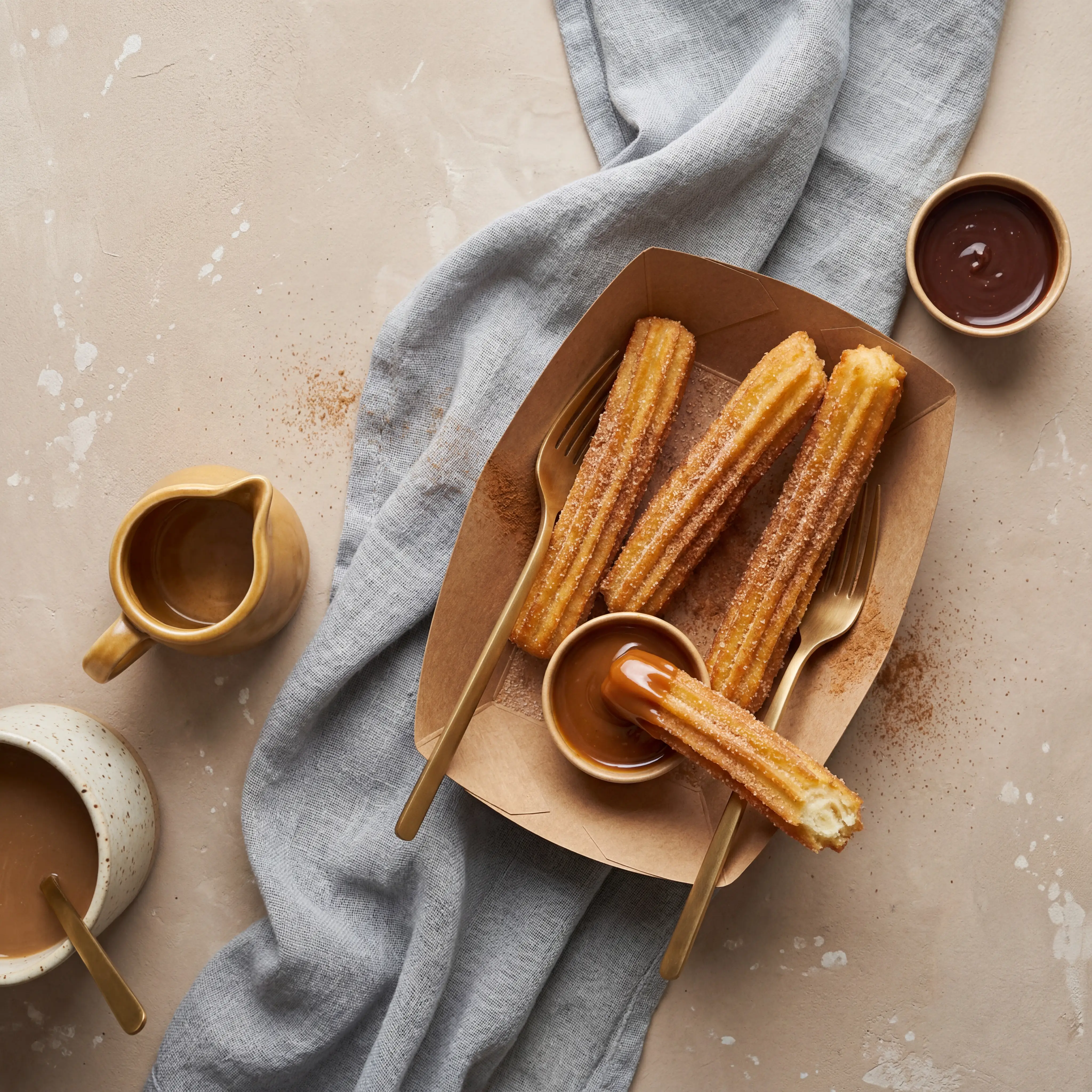 Fresh cinnamon sugar churros with dulce de leche and chocolate dipping sauces