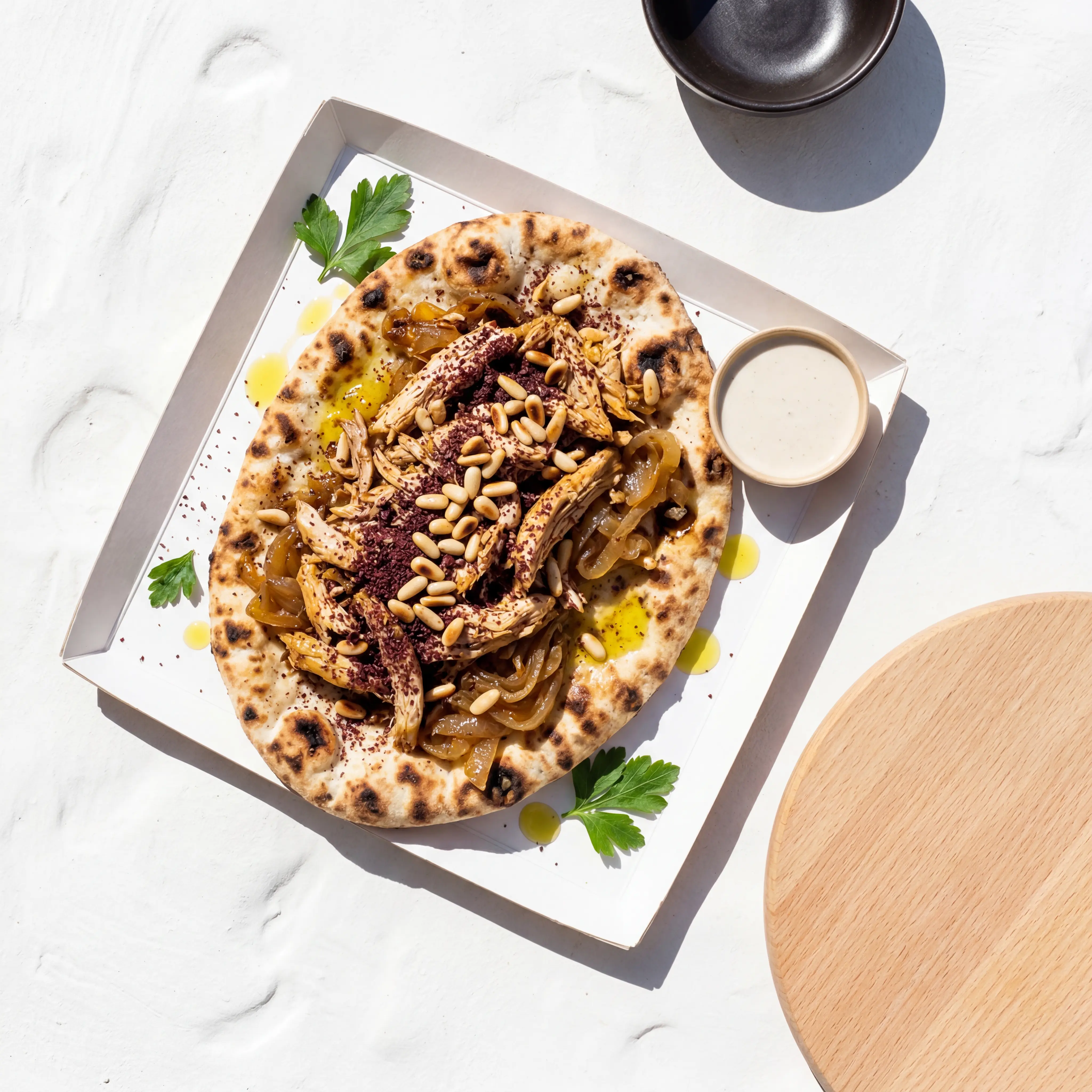Palestinian musakhan flatbread with sumac chicken and pine nuts from Falastini food truck Melbourne