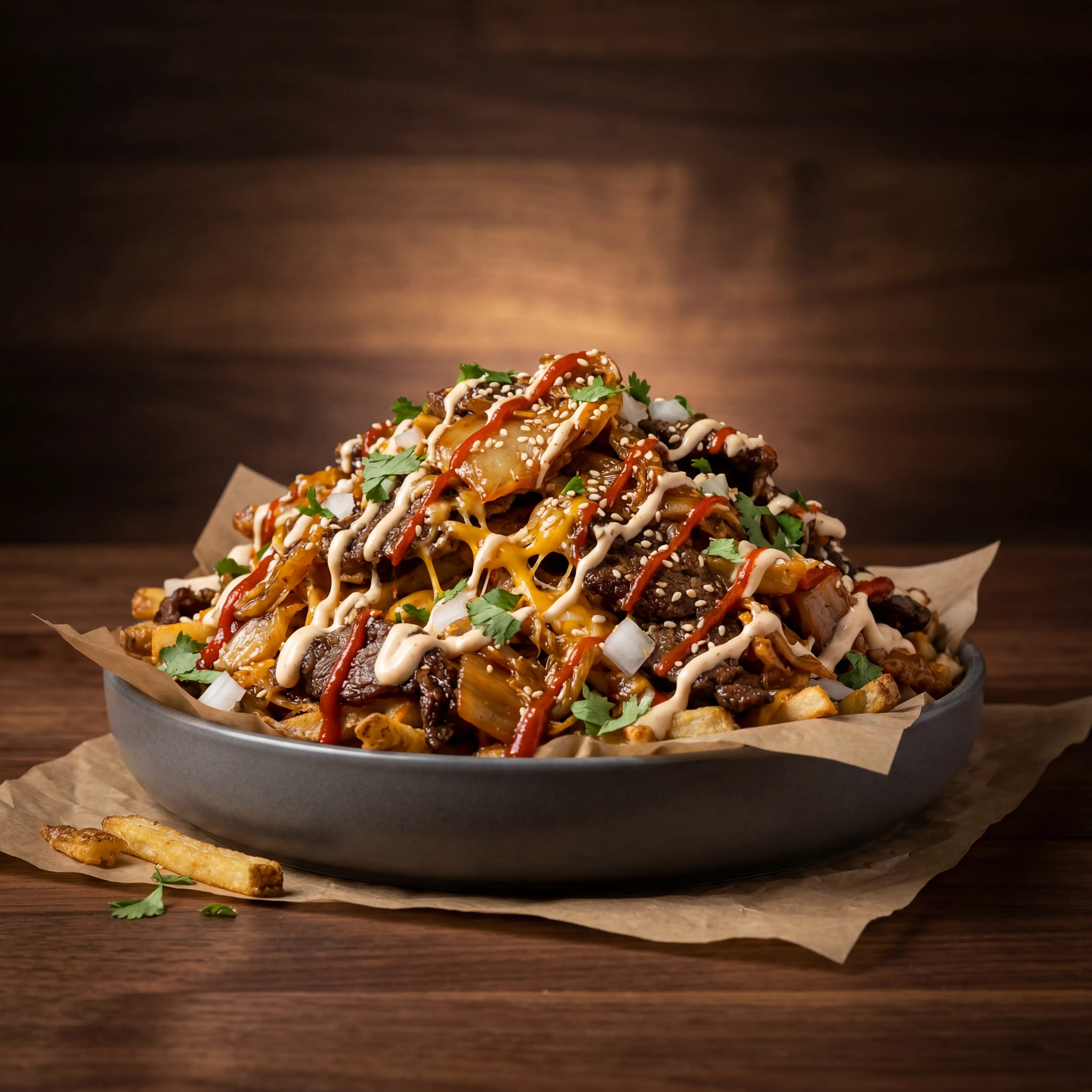 Loaded kimchi fries with bulgogi beef cheese and sriracha from Chi'Lantro food truck