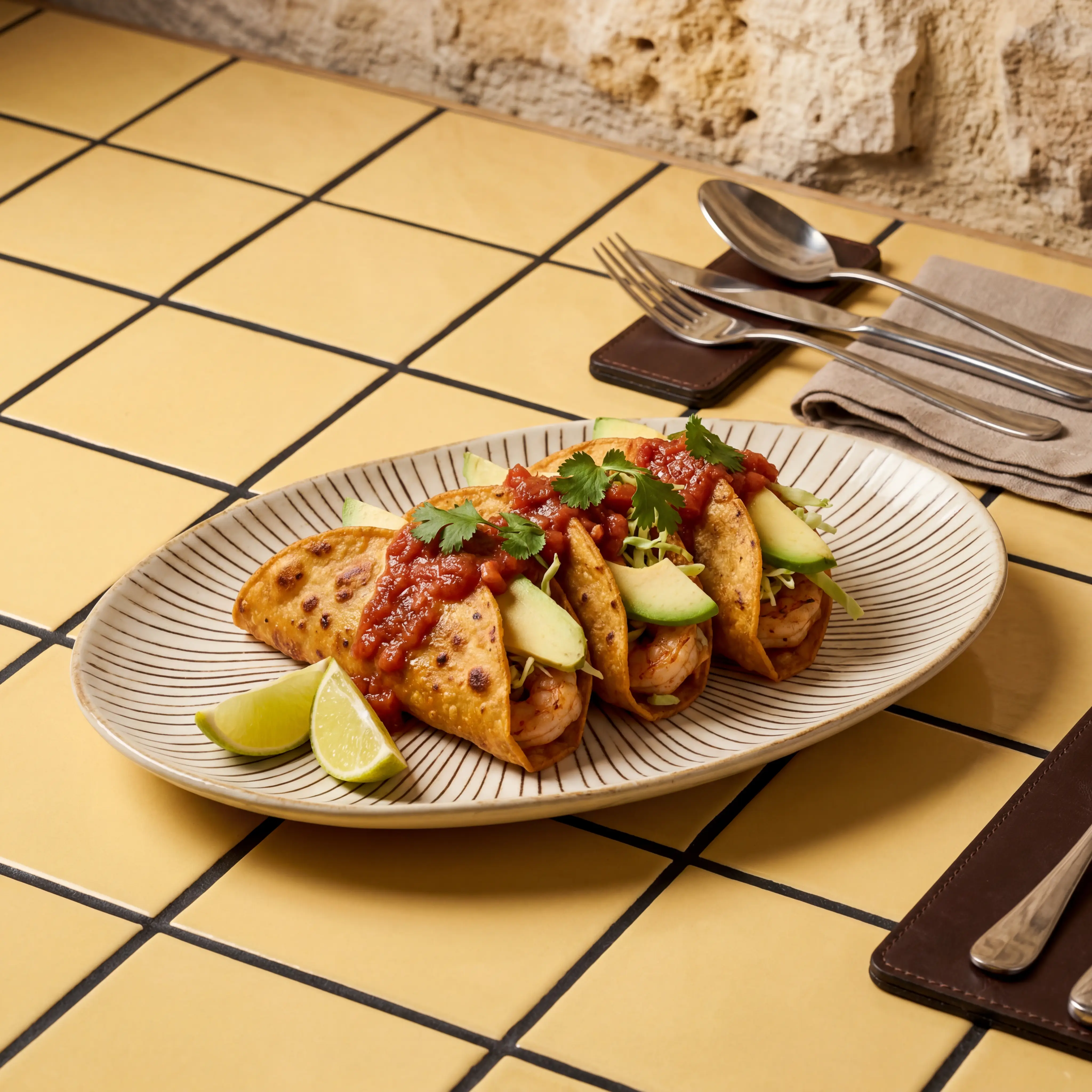 Crispy fried shrimp tacos with red salsa and avocado from Mariscos Jalisco food truck