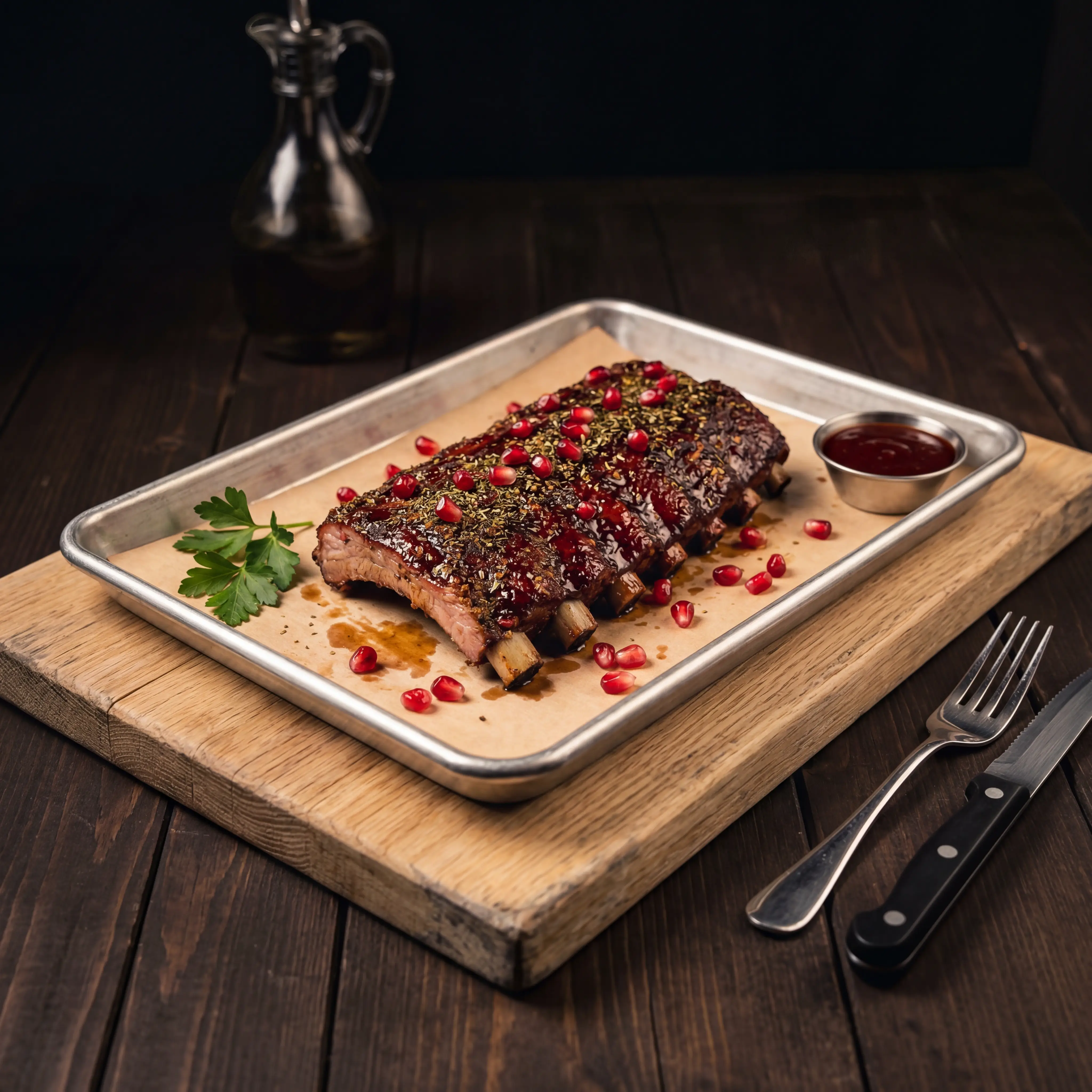 Pomegranate-glazed pork ribs with Egyptian spice rub and za'atar from KG BBQ food truck