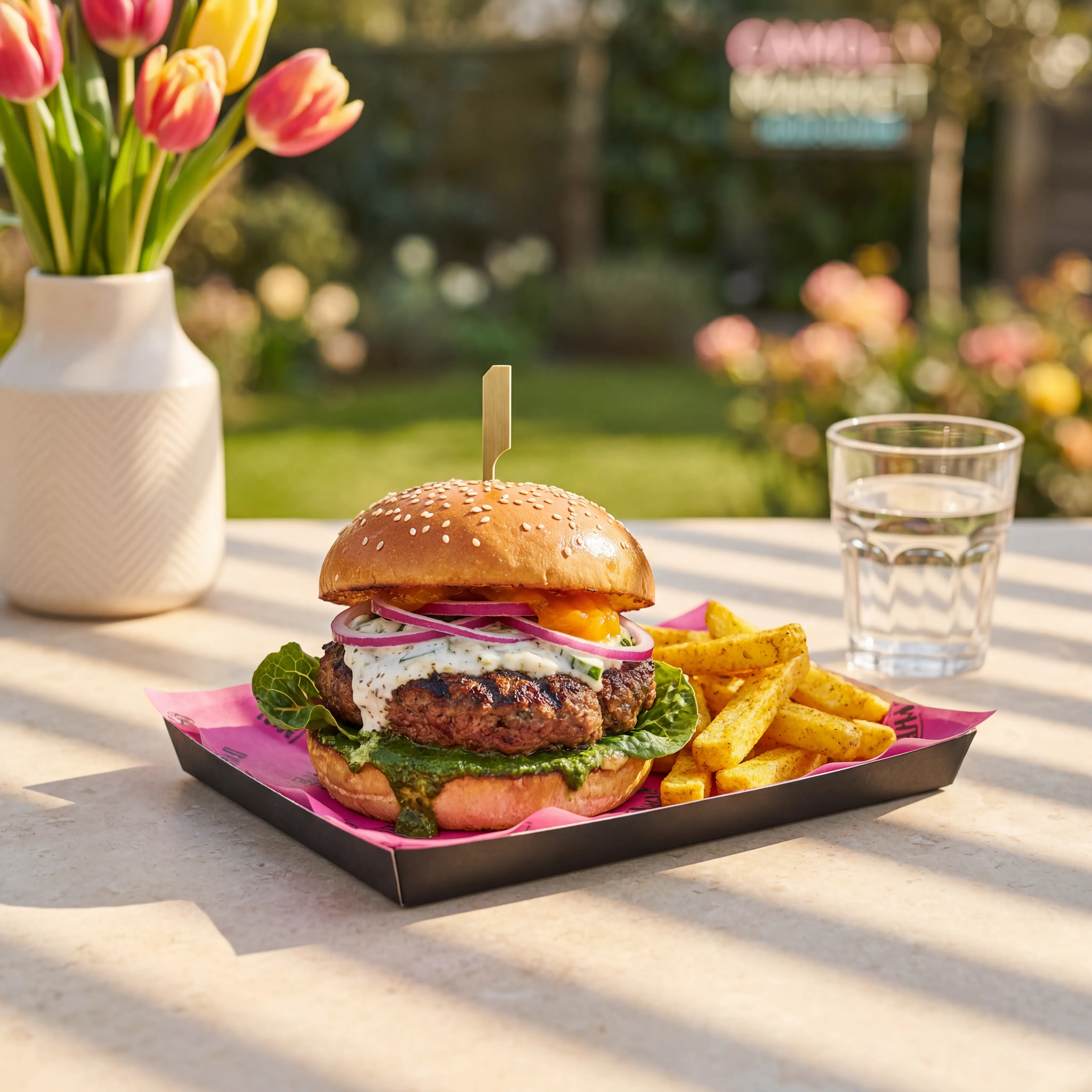 Indian-spiced lamb burger with mint chutney and raita from Baba G's food truck in London