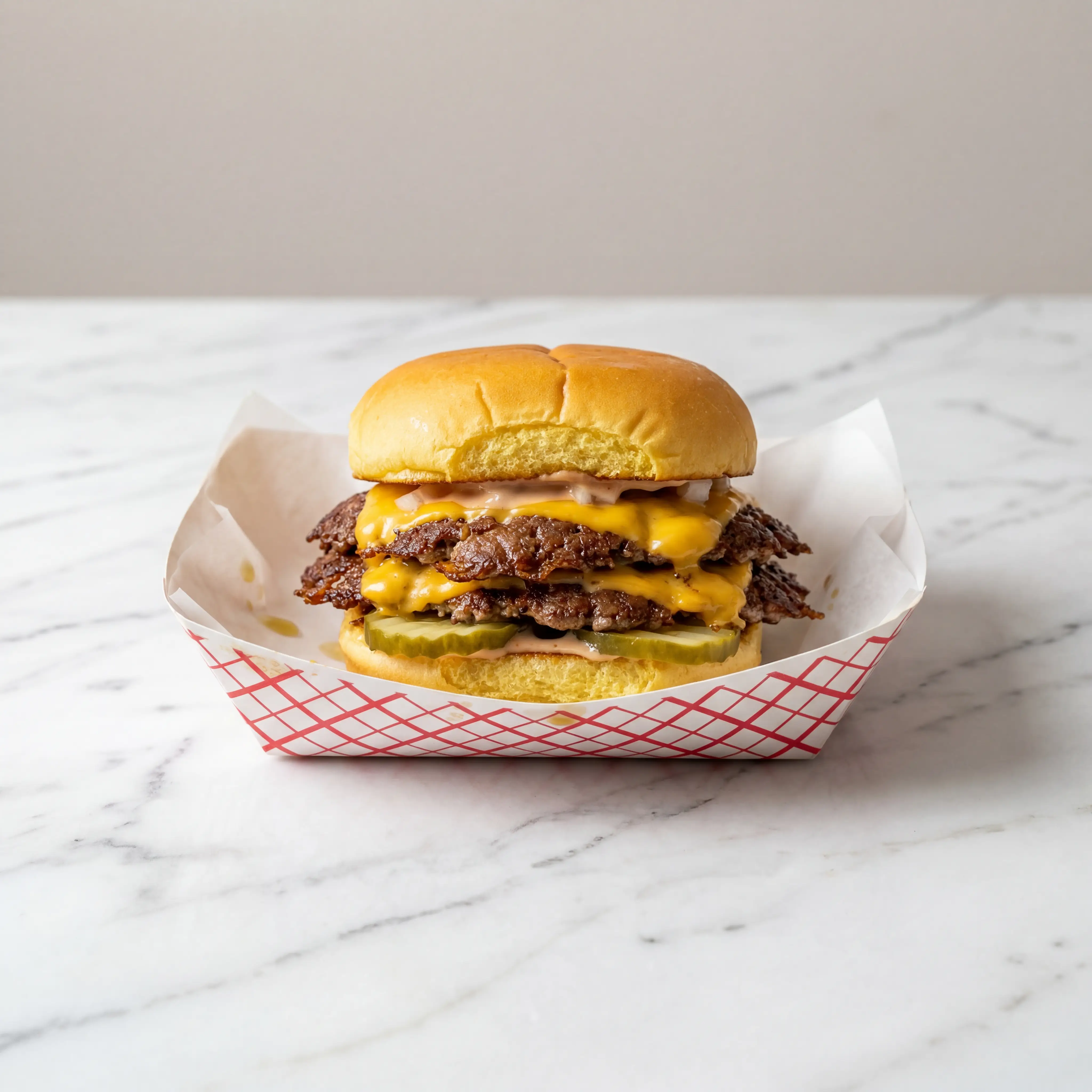 Double smash burger with American cheese on potato roll from No Good Burger Truck NYC