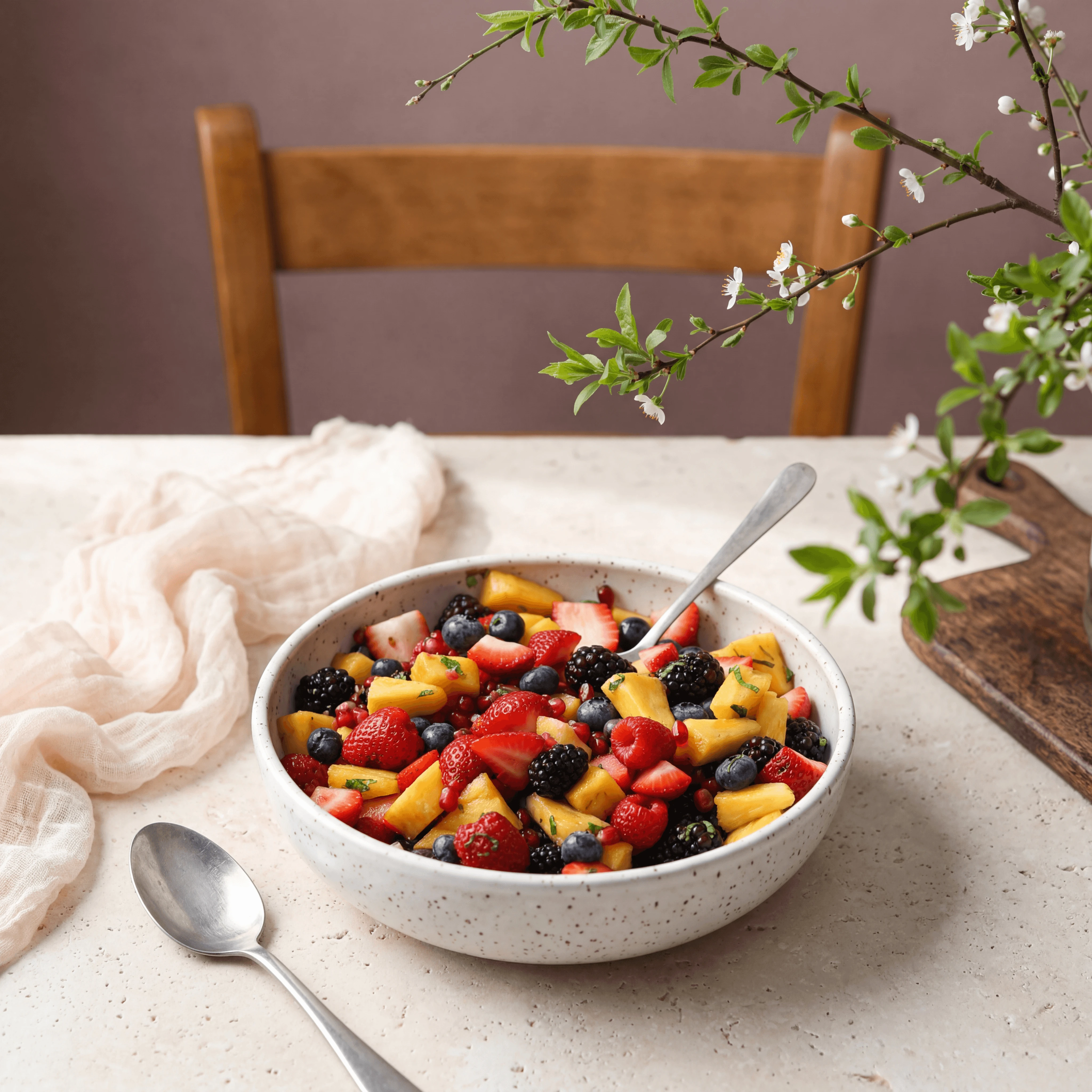 Cuenco persa de frutas enjoyado con arilos de granada, moras y pistachos en cerámica turquesa — fotografía de ensalada de frutas persa