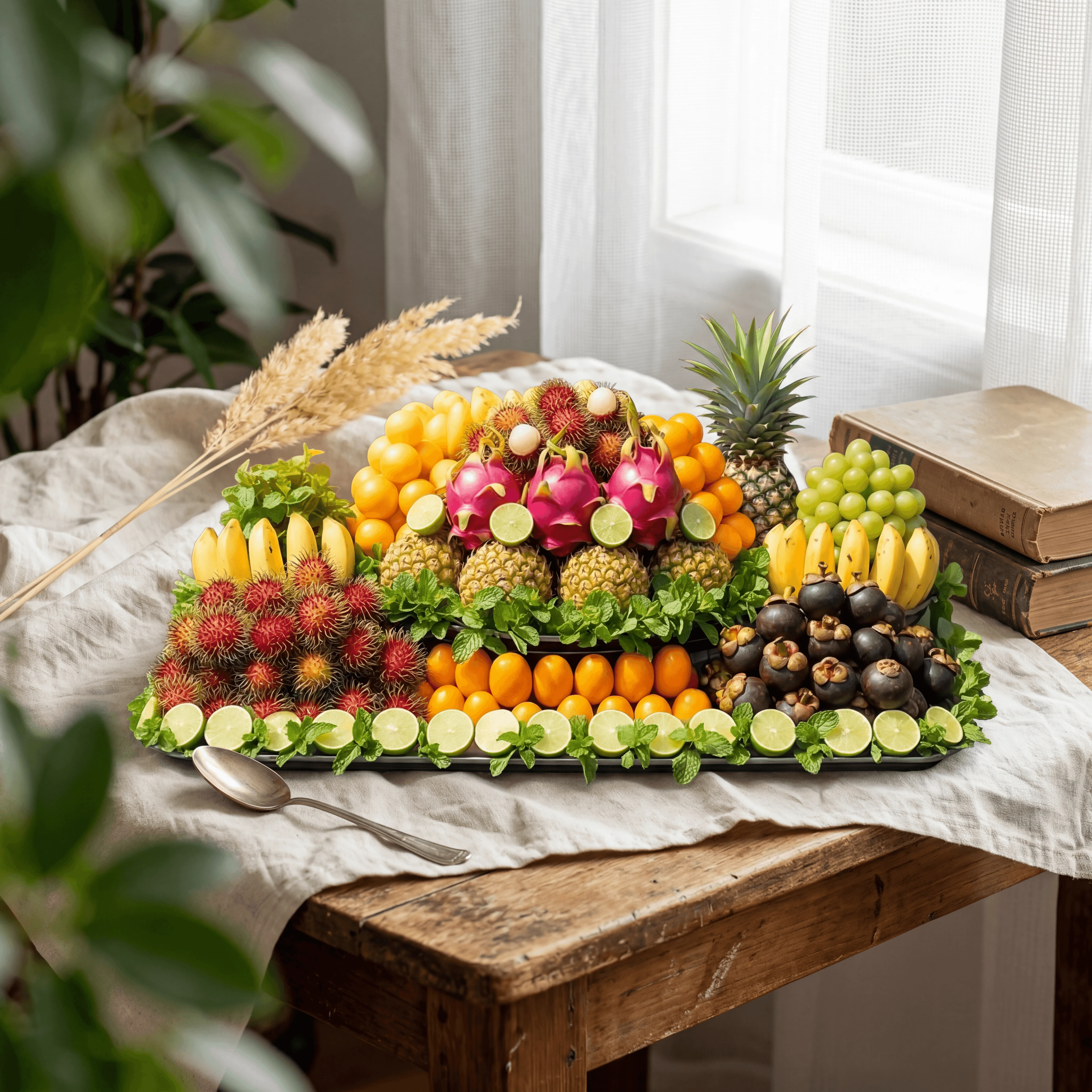 Puesto de vendedor de frutas tropicales con rambután, mangostán, chirimoya y pitaya en cajas de pino — fotografía de frutería de mercado cubierto español