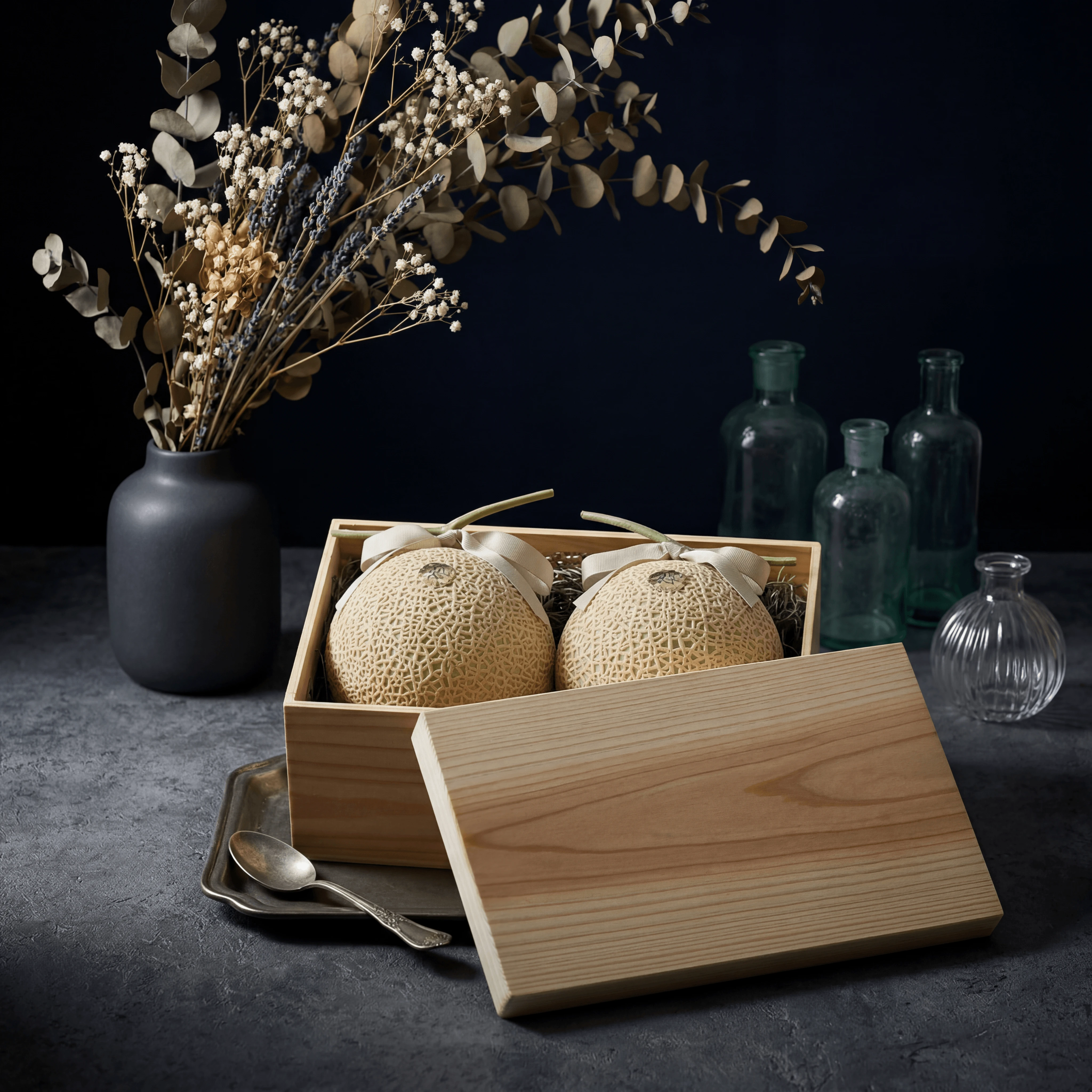 Melón japonés Yubari con malla marfil tejida en caja de madera de paulownia con sello imperial rojo — fotografía de fruta de temporada de lujo