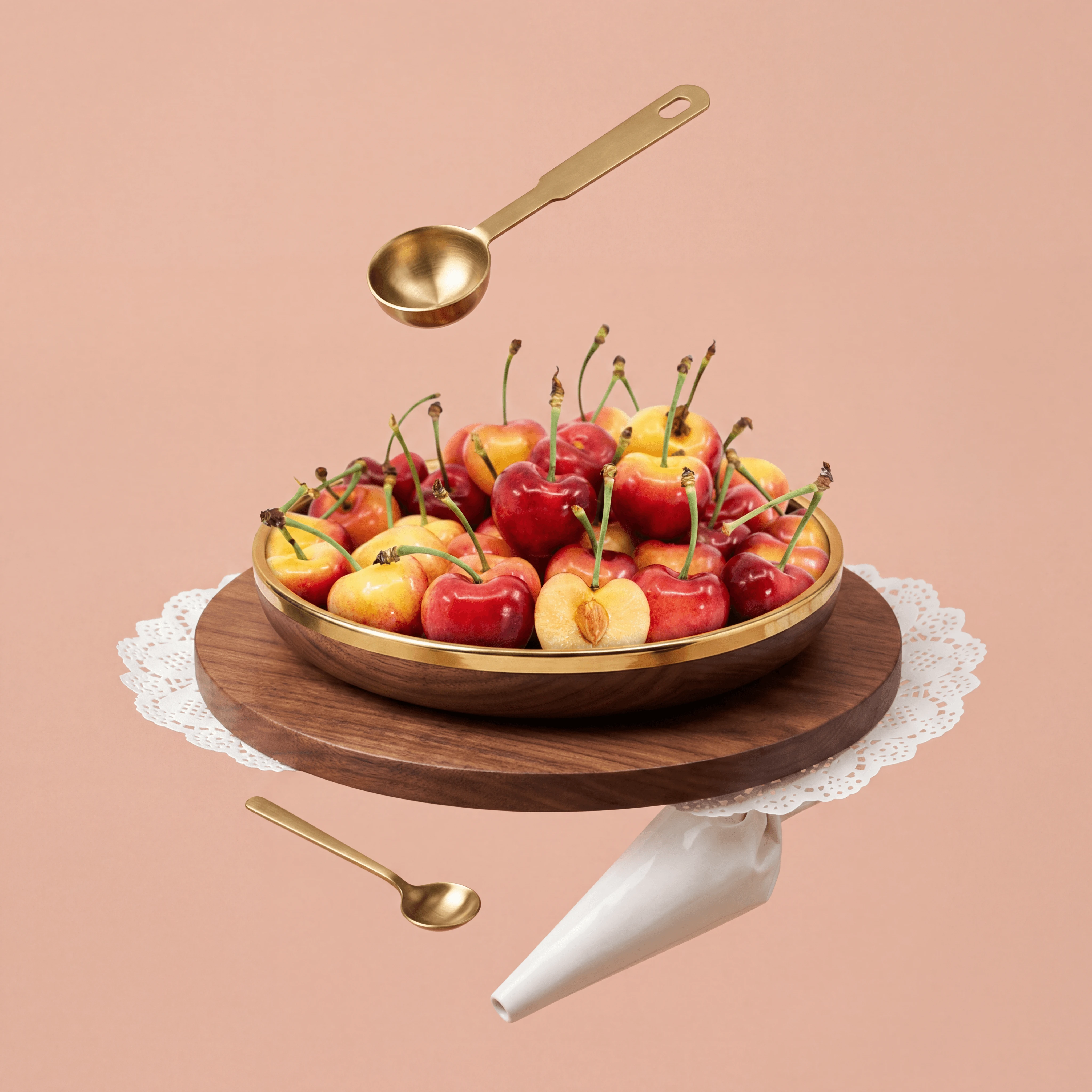 Cerezas Rainier con rubor amarillo-rojo y gotas de agua apiladas en cuenco de arcilla gris paloma — fotografía de cerezas