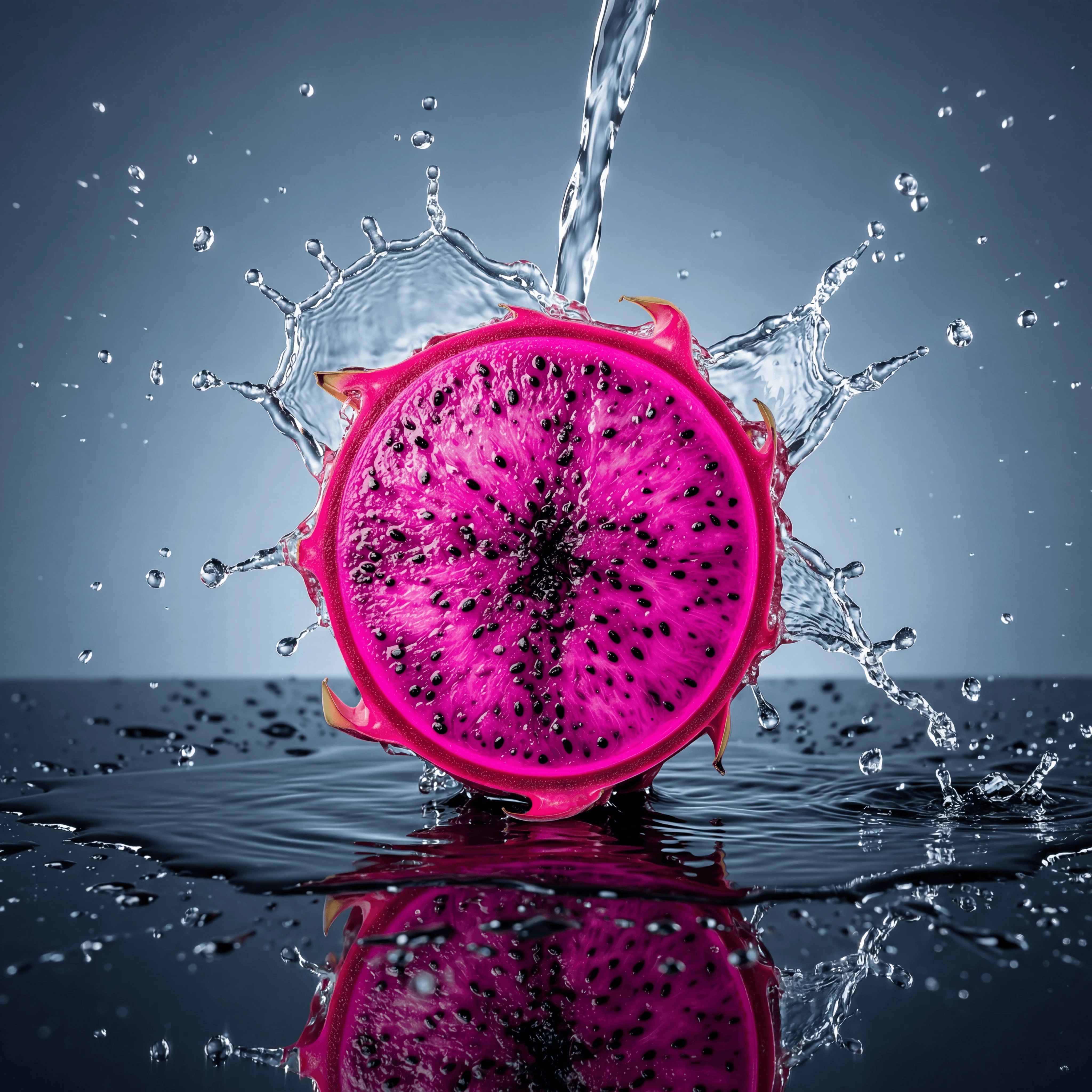 Pitaya rosa partida por la mitad mostrando la constelación de semillas negras sobre cerámica gris — fotografía de corte transversal de pitaya