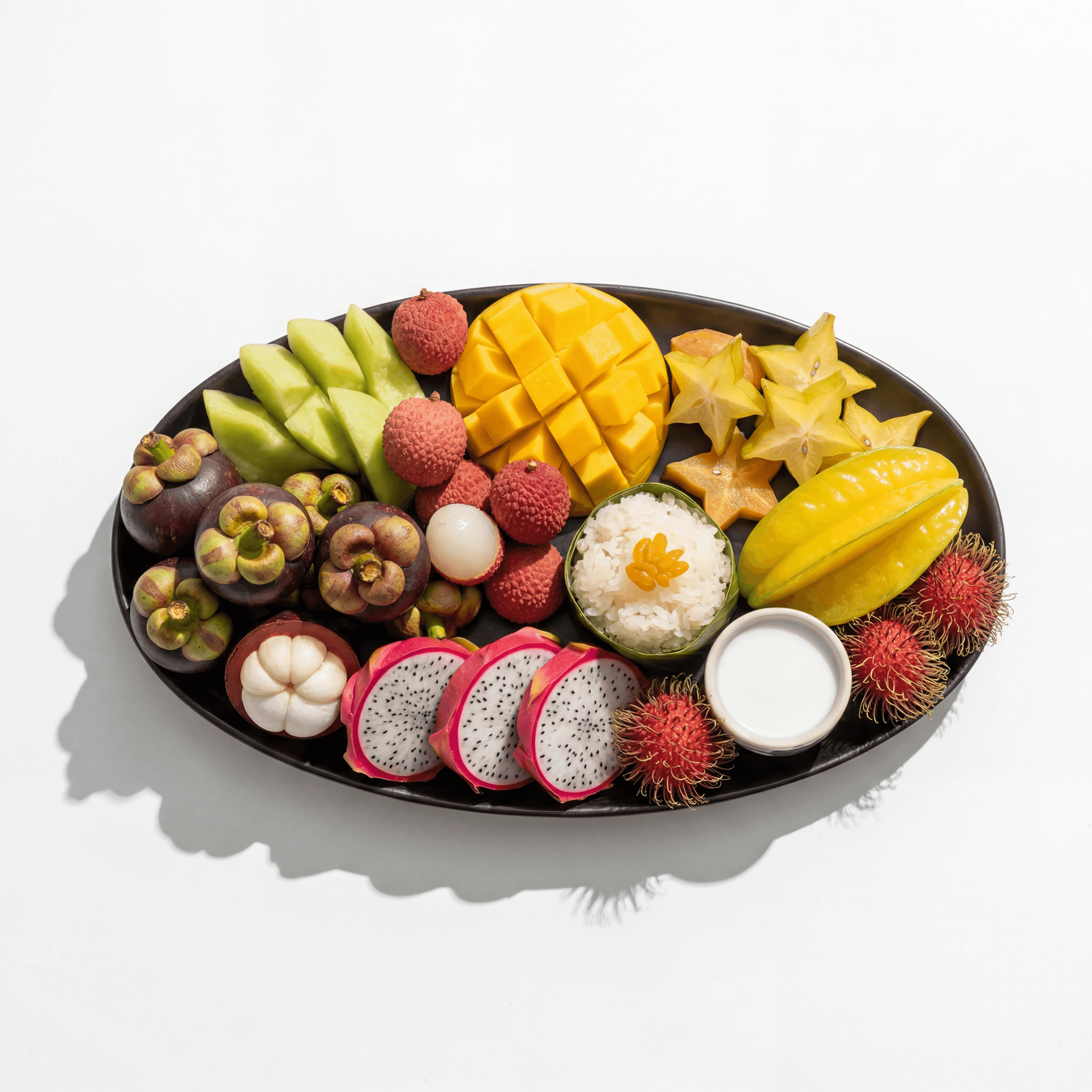 Bandeja mosaico de frutas tropicales con mango, rambután, mangostán, sandía y flores de hibisco — fotografía de bandeja de frutas tropicales tailandesa