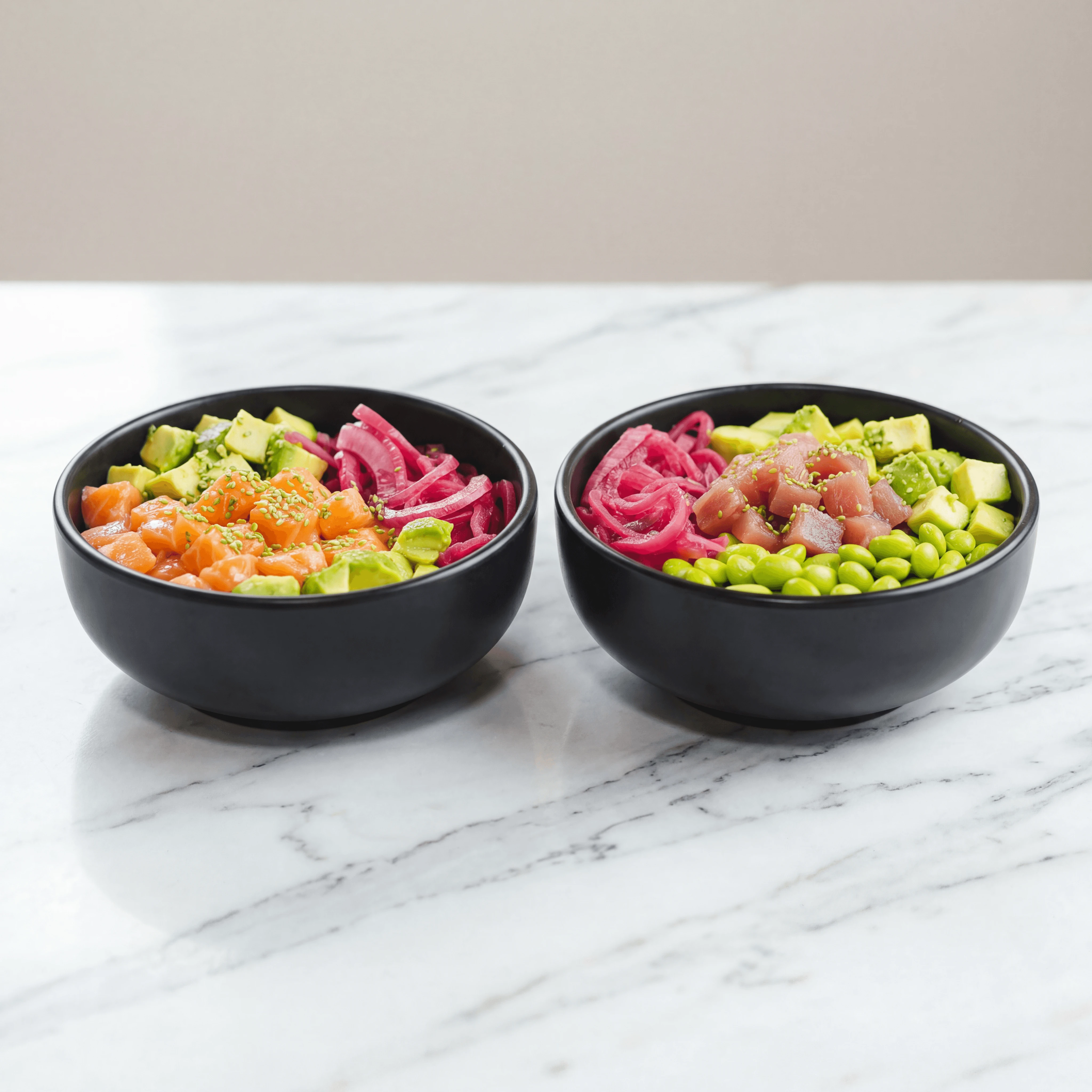 Salmon and tuna poke bowls with edamame — ghost kitchen poke bowl delivery photography
