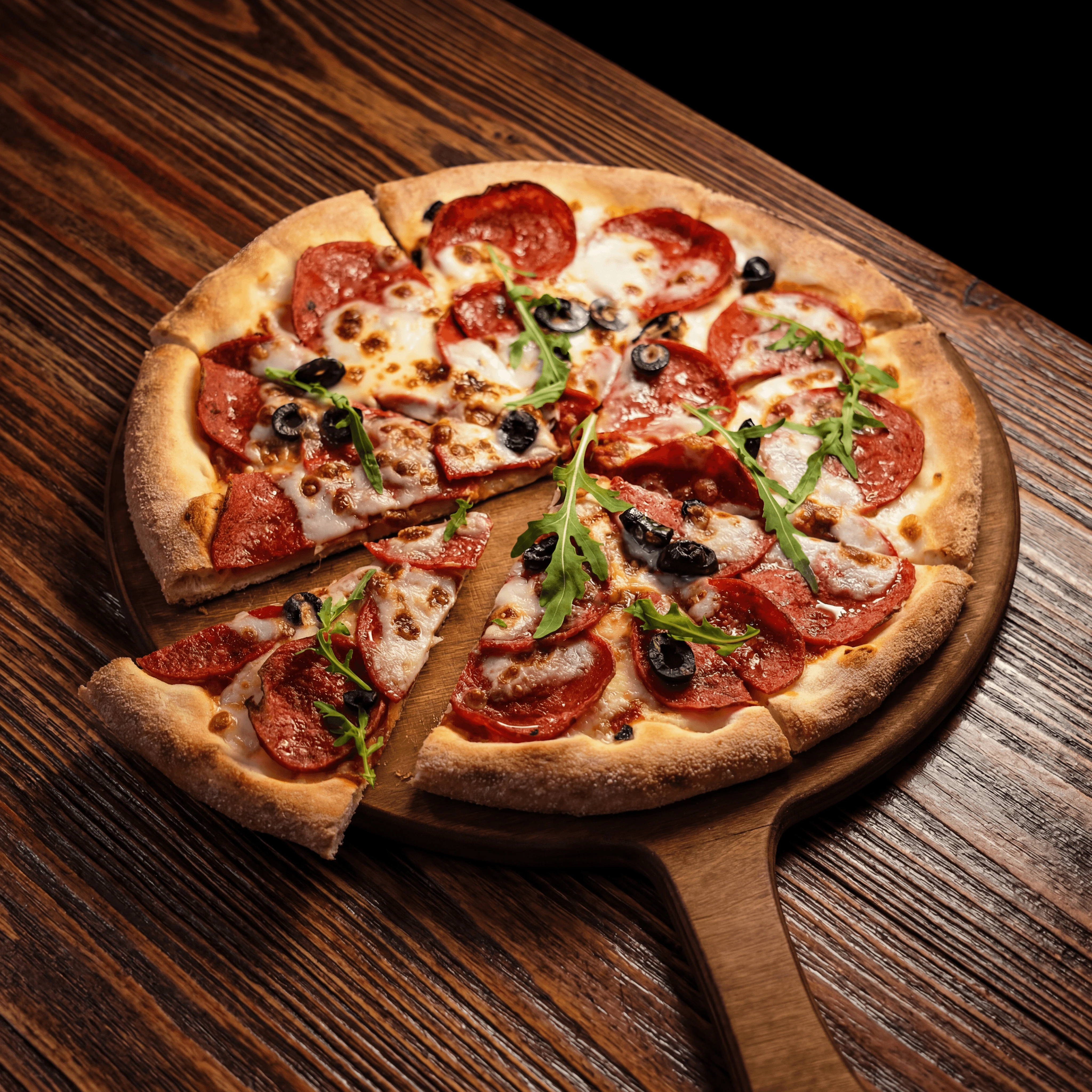 Pepperoni pizza with arugula and black olives on wooden peel — ghost kitchen pizza brand photography