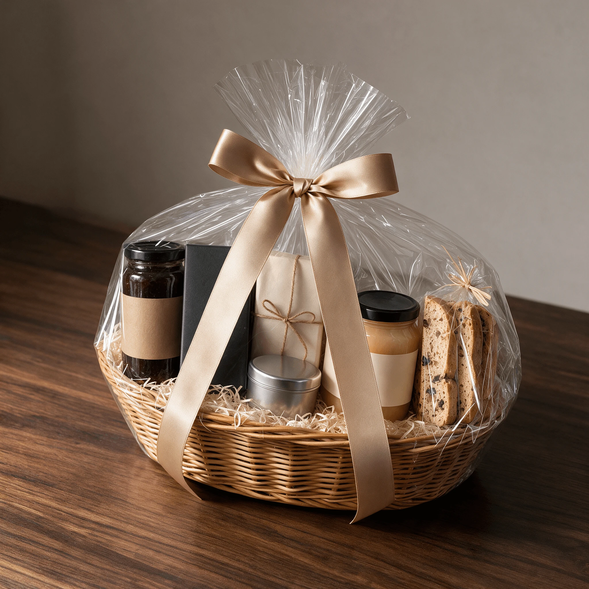 Cellophane wrapped gourmet gift basket with a champagne satin bow standing on a walnut table against a soft taupe wall