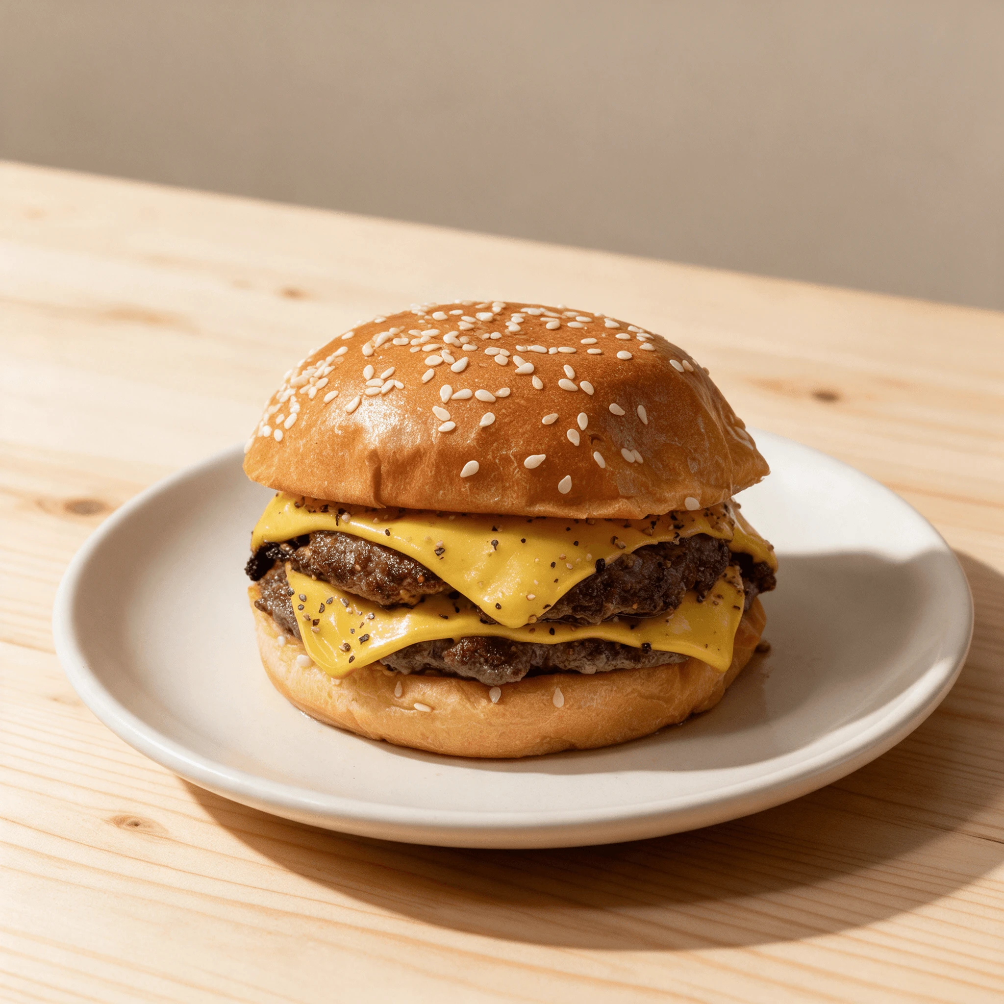 Single cheeseburger with melted cheddar under a sesame brioche bun on a white plate on pale pine wood, framed wide for a cover photo