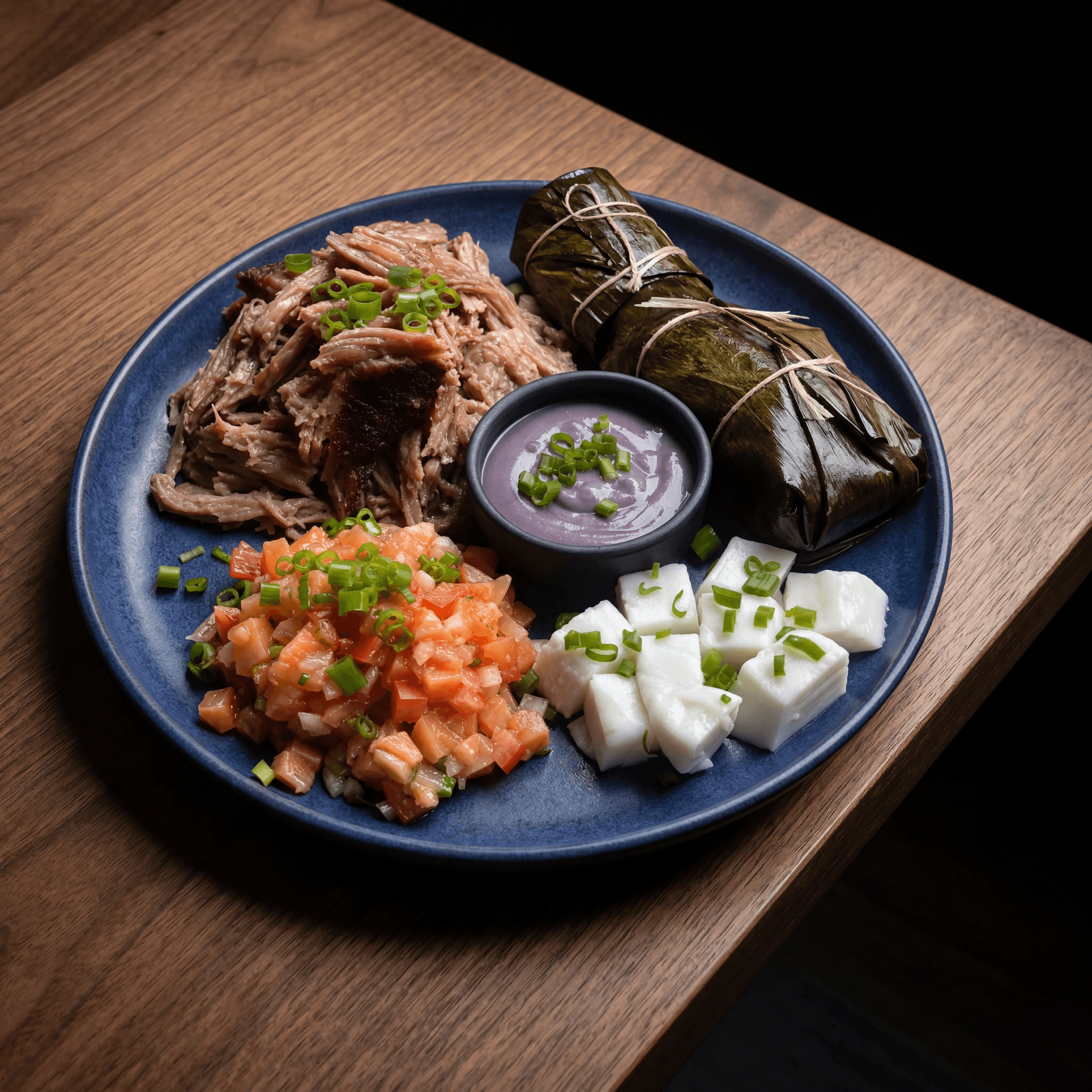 Kalua pork lau lau taro leaf bundles dark walnut Hawaiian luau — kalua lau lau card photography