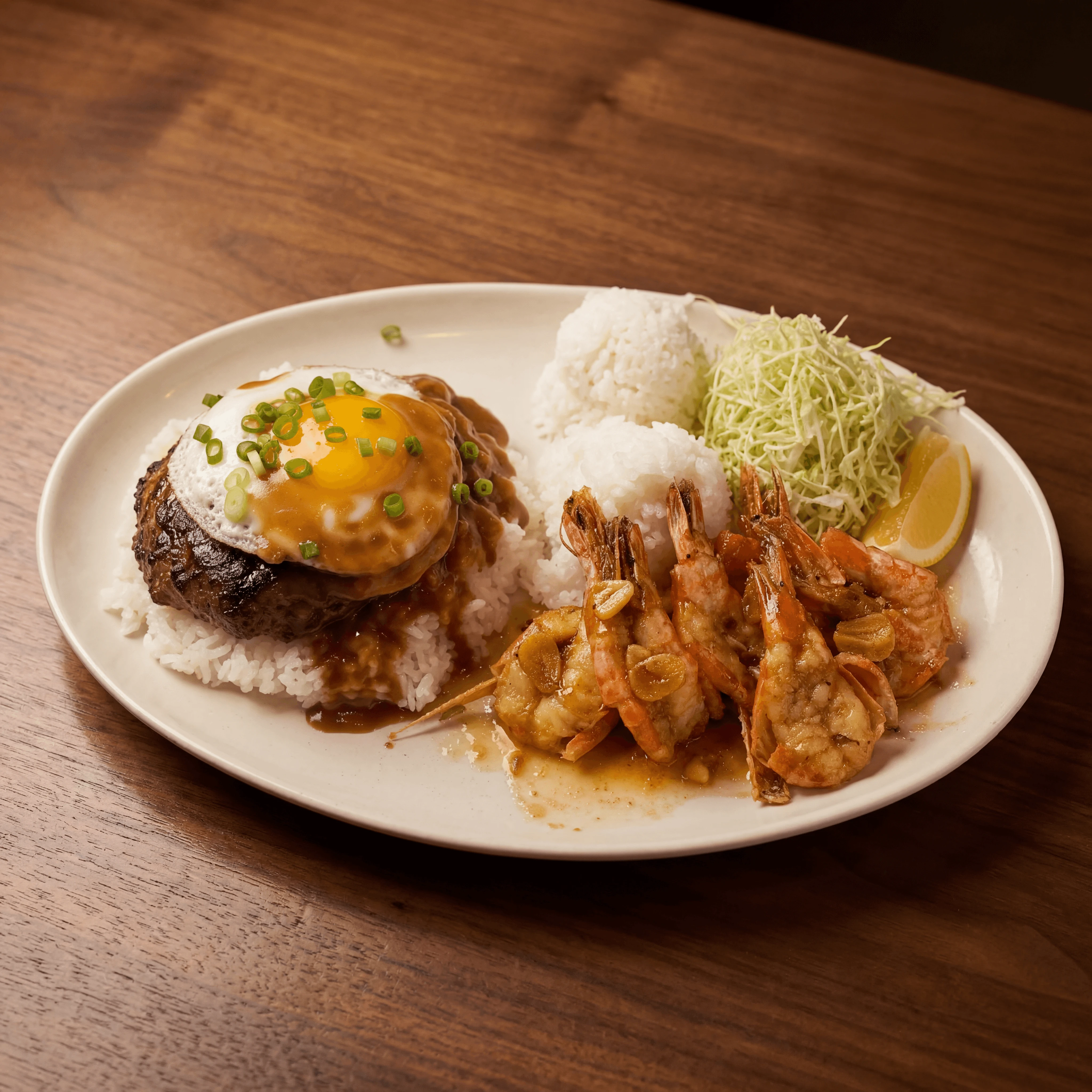 Loco moco garlic shrimp plates warm cantina island bowl pair — loco moco garlic shrimp card photography