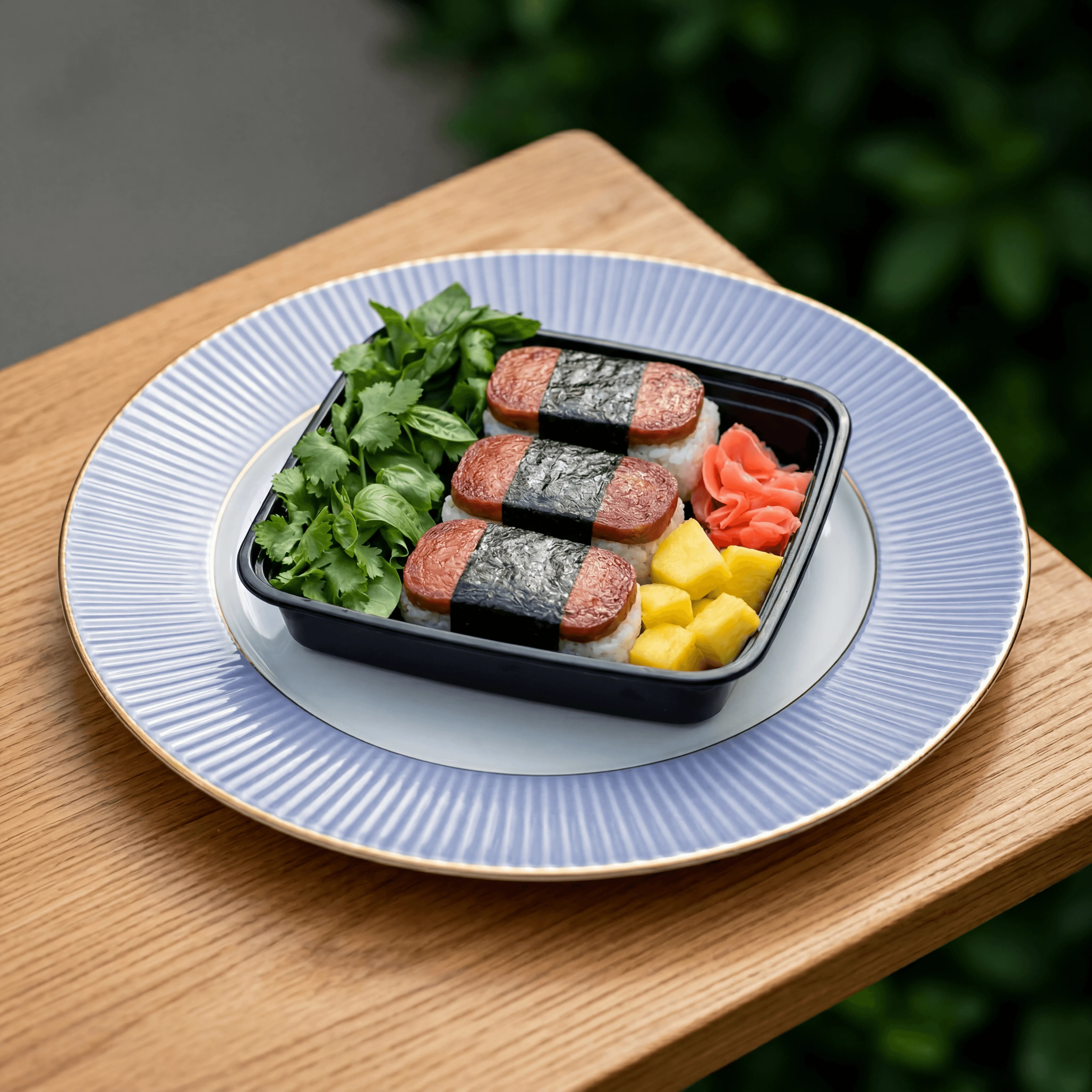 Spam musubi bento three pieces nori wrapped grilled Hawaiian snack — Spam musubi bento card photography