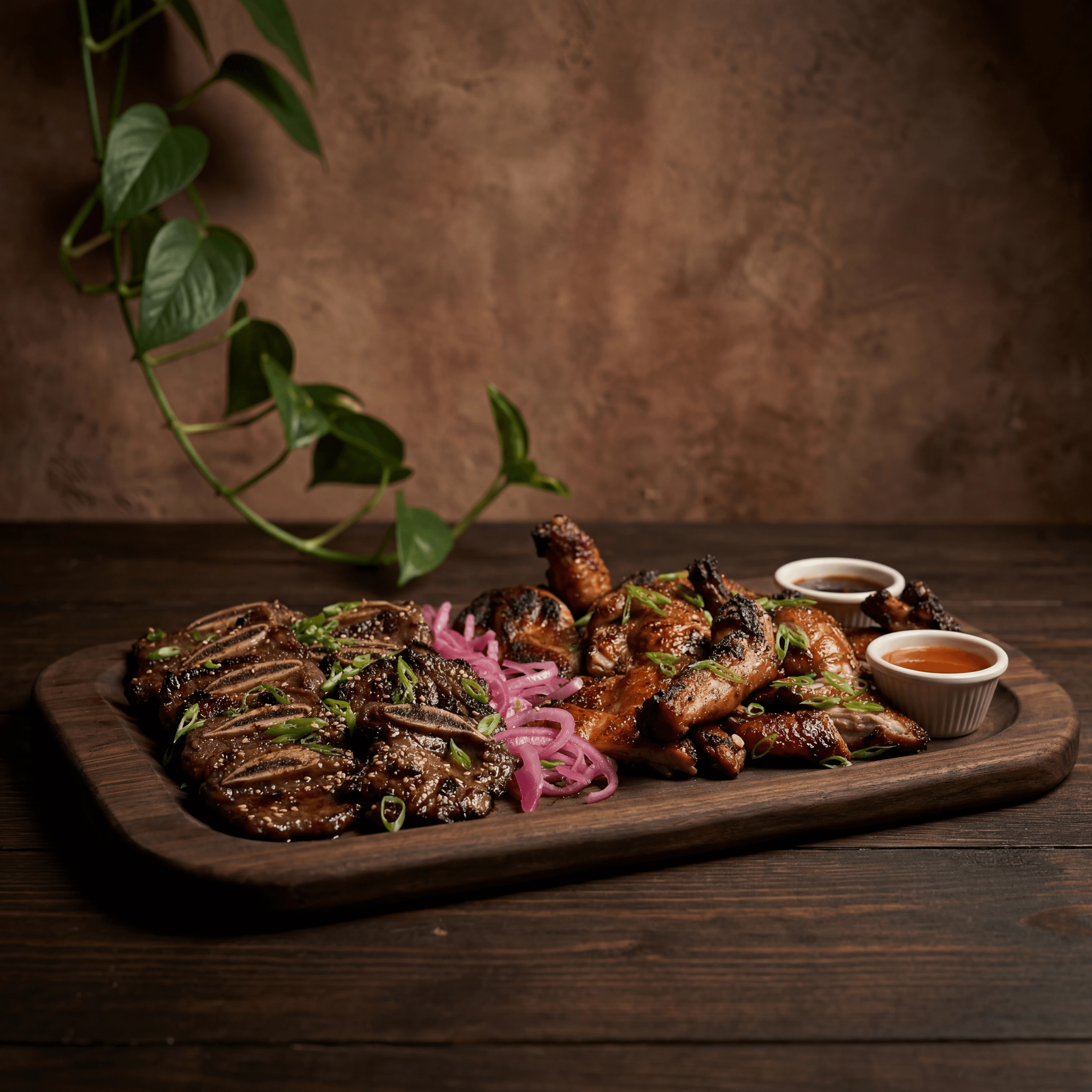 Huli huli chicken kalbi ribs dramatic rustic char Hawaiian Korean grill — huli huli kalbi card photography