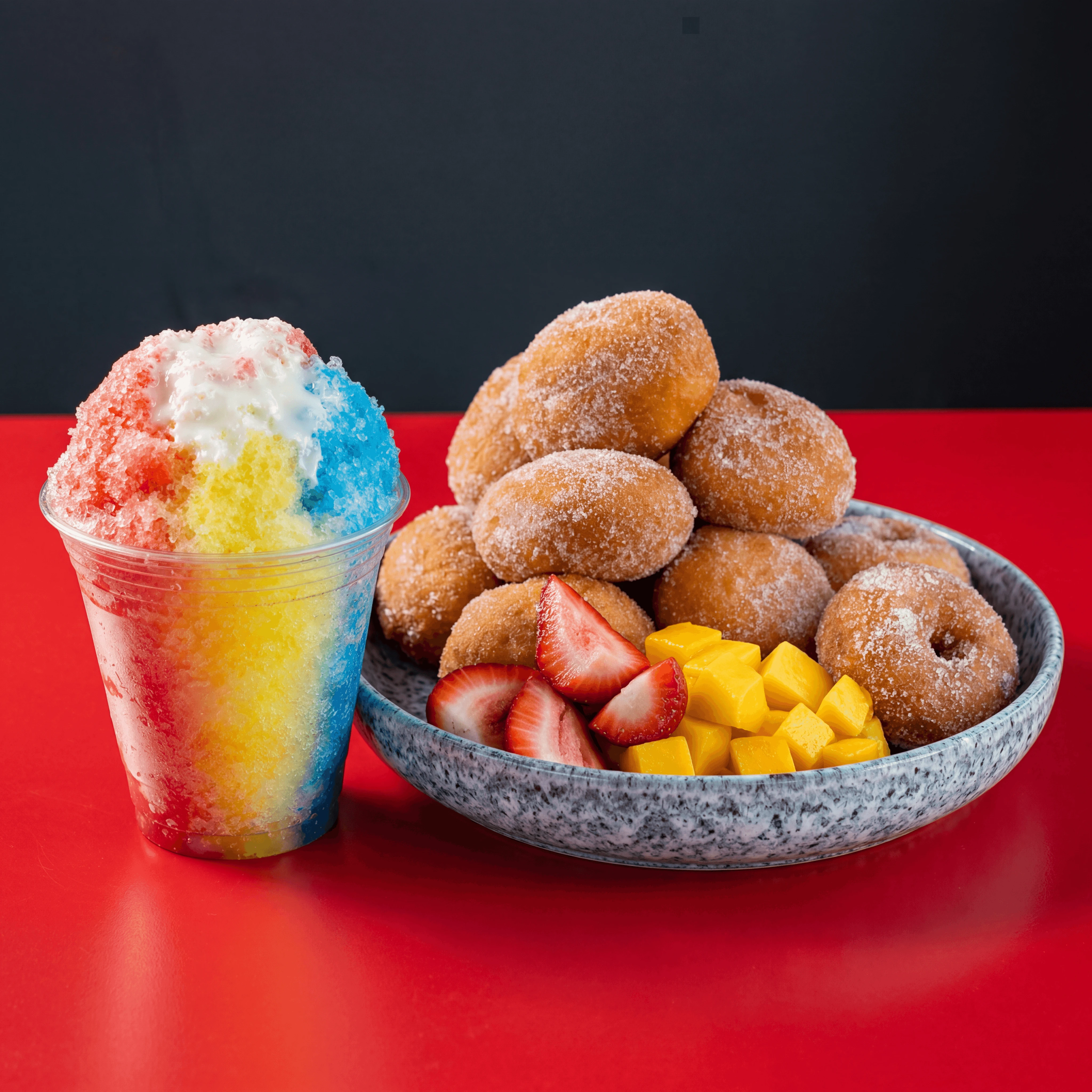 Shave ice rainbow stripes snow cap malasadas donuts red cafe — shave ice malasadas card photography