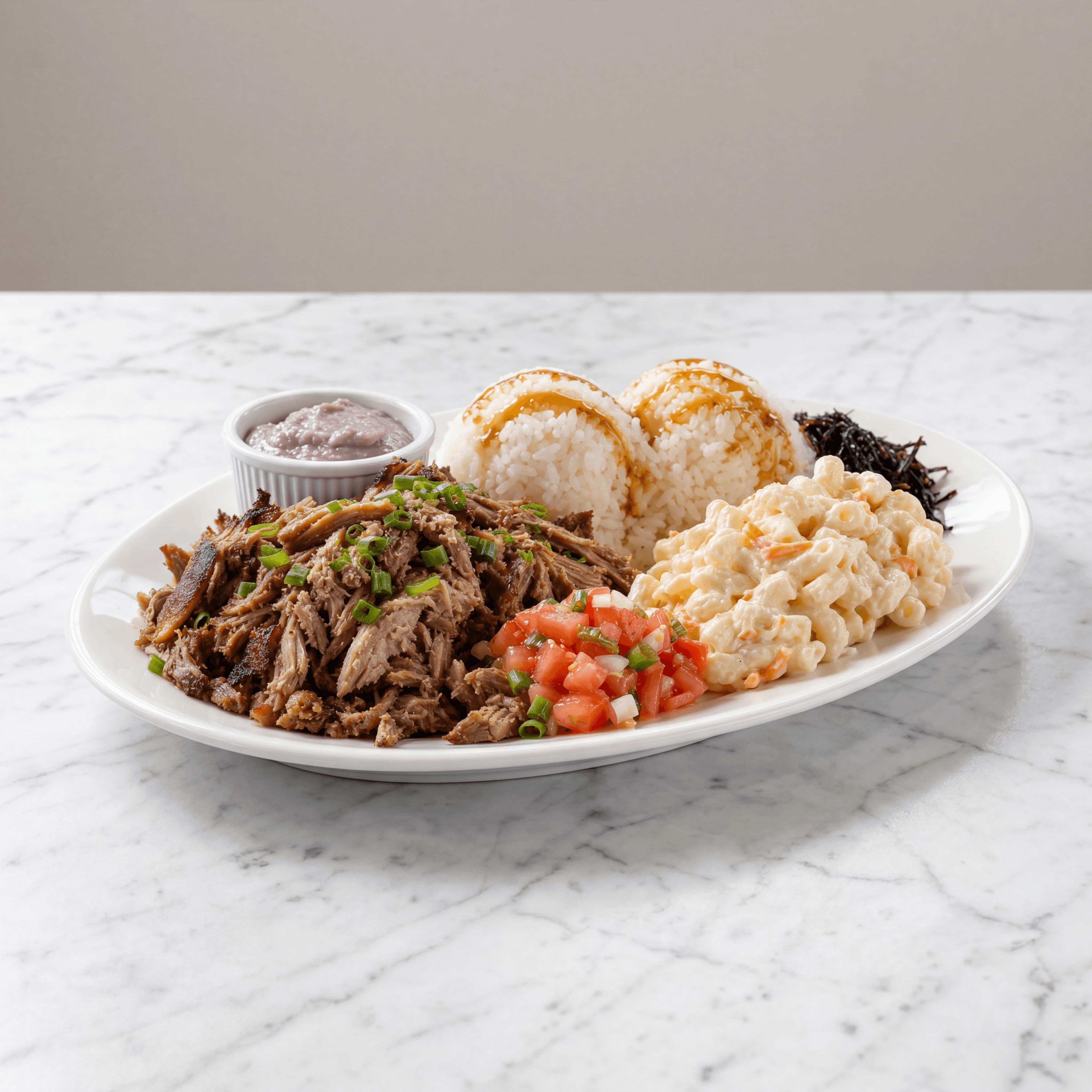 Classic two scoop plate lunch kalua pork rice mac salad overhead — Hawaiian plate lunch hero photography