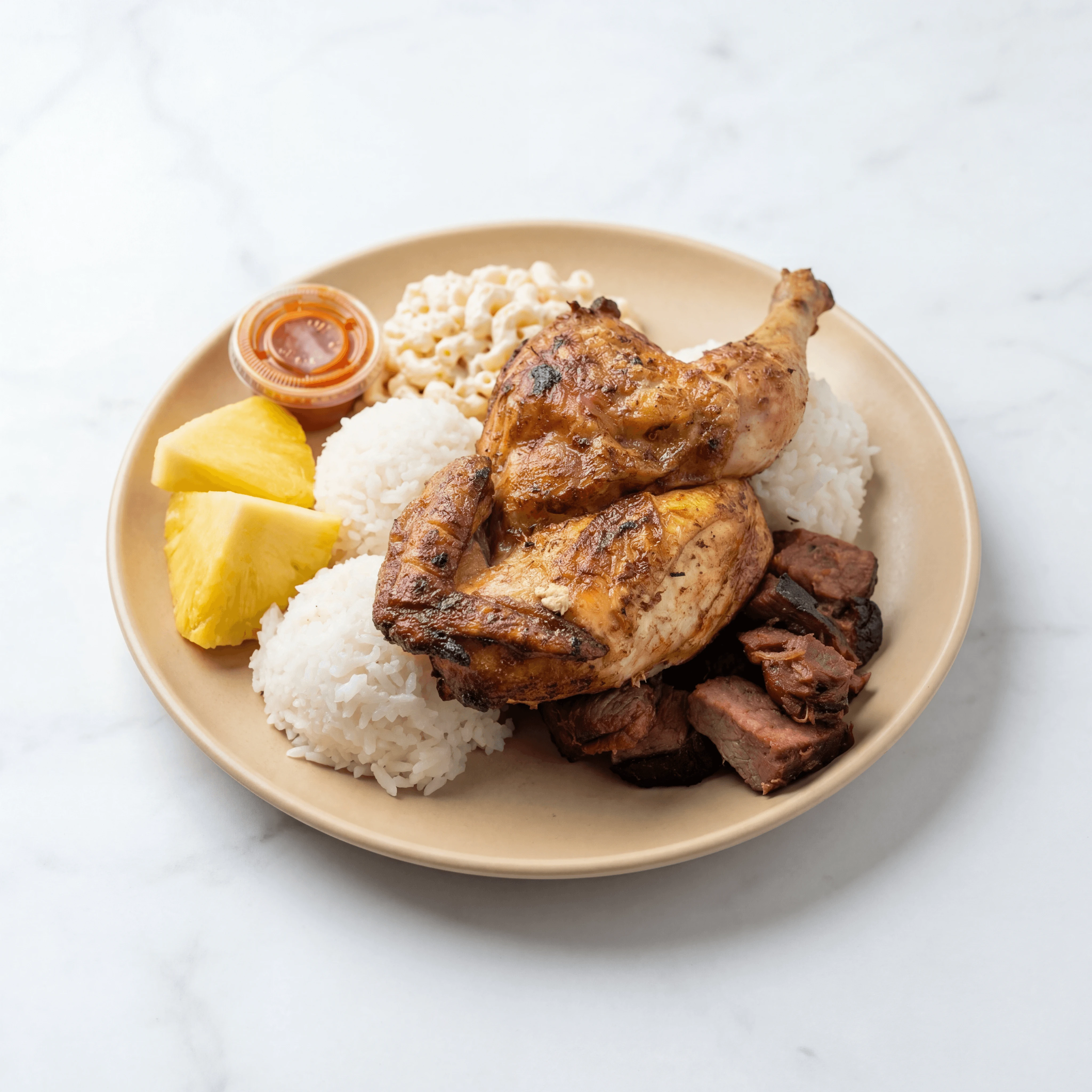 Huli huli chicken plate teriyaki glaze rice mac salad mahogany char — huli huli hero photography