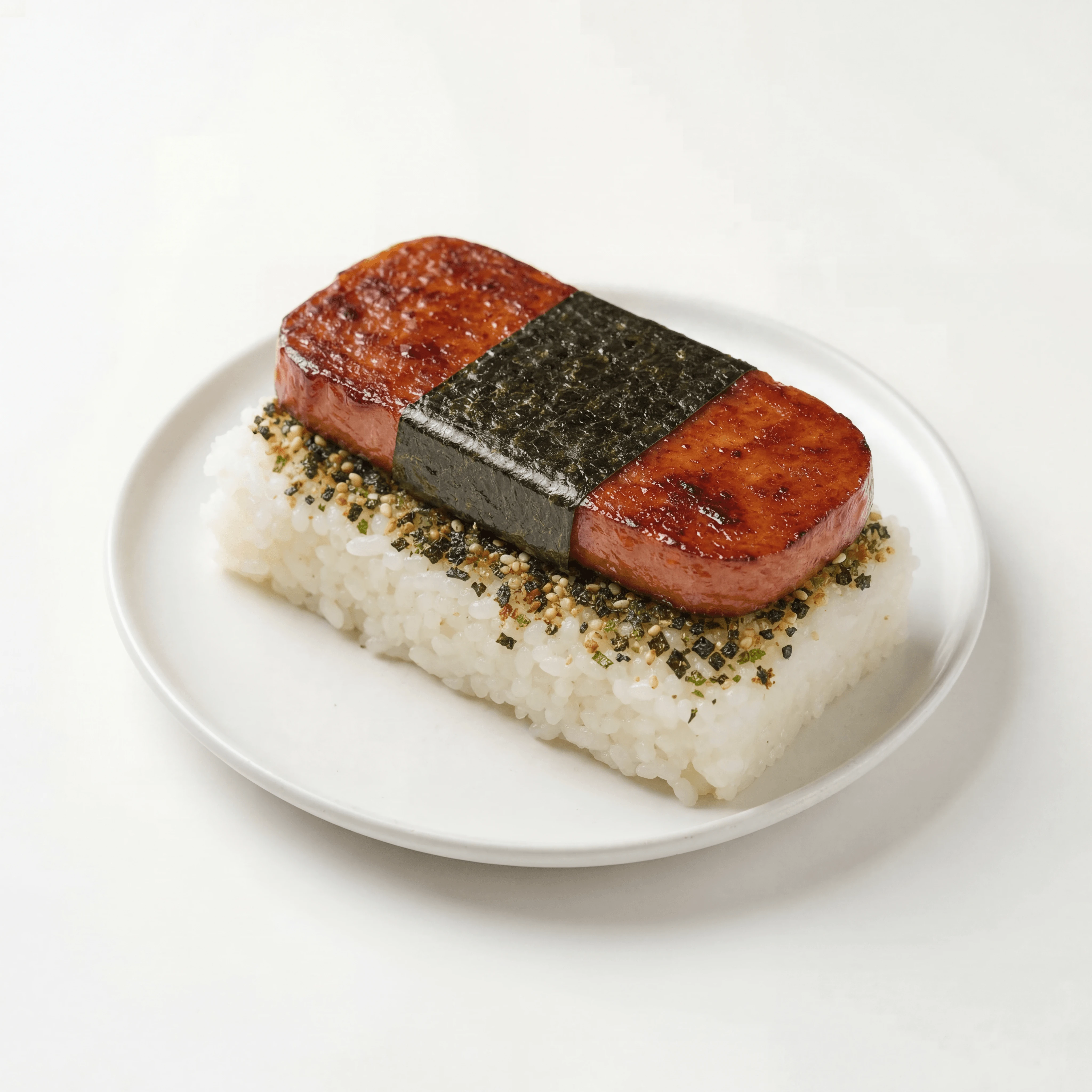 Single Spam musubi grilled rice block nori wrap macro — Spam musubi hero photography