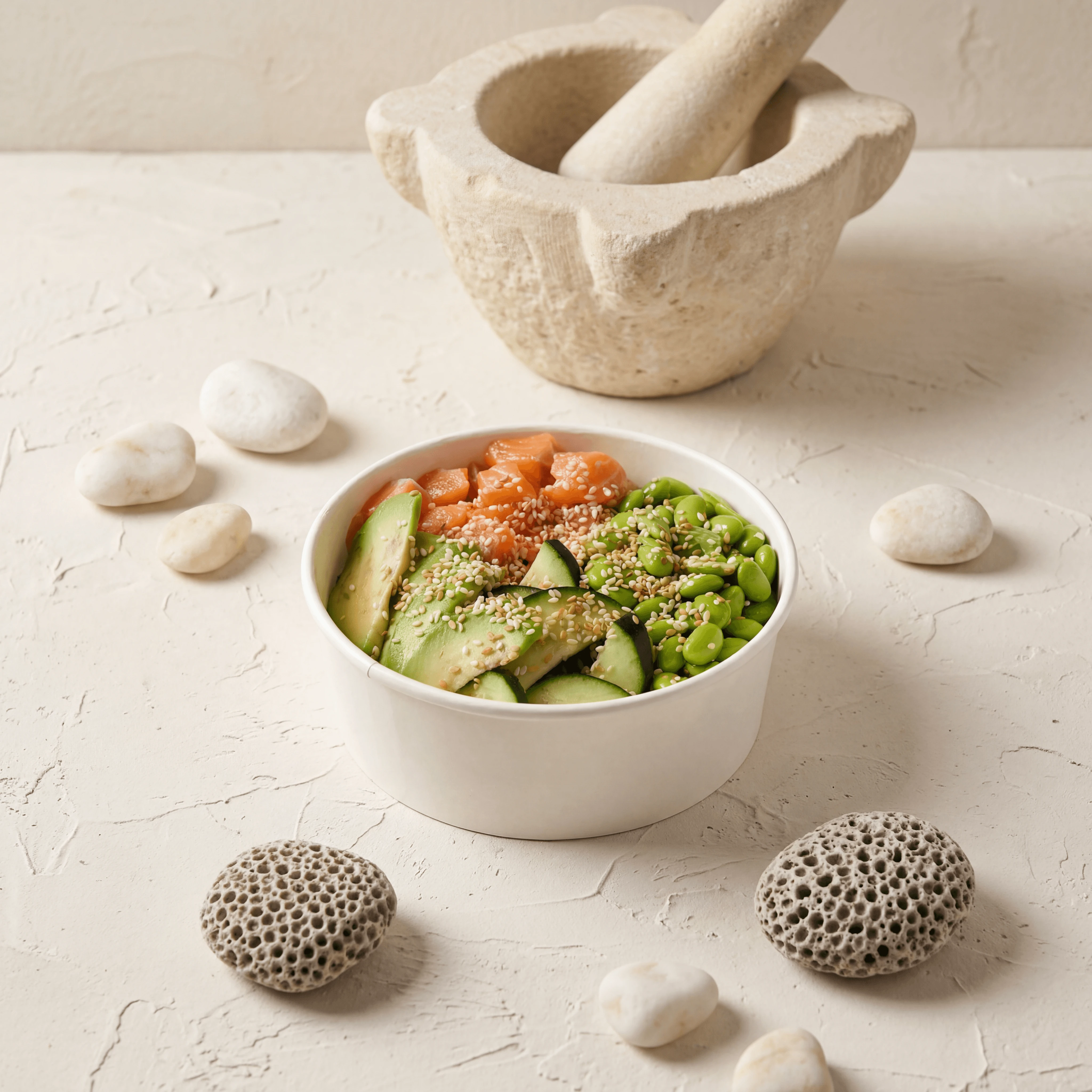 Yellowfin tuna poke bowl with mango and macadamia — resort pool bar food photography